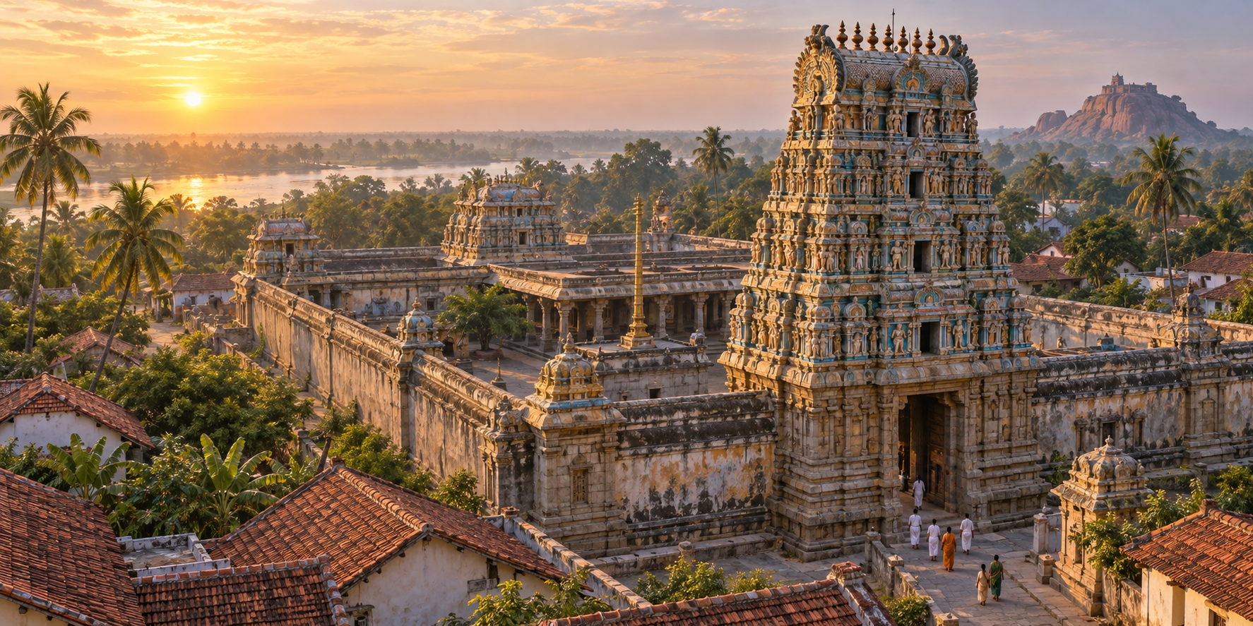 Uthamar Kovil temple complex in a Tamil Nadu village at dawn, with a sculpted gateway tower, stone walls, palm trees and pilgrims approaching the entrance.