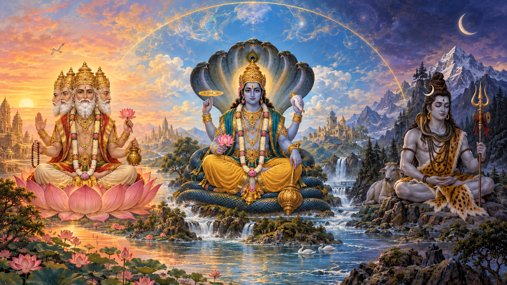 Symbolic painting of Brahma on a lotus, Vishnu with a conch and discus, and Shiva with a crescent moon and trident beneath one continuous sky.