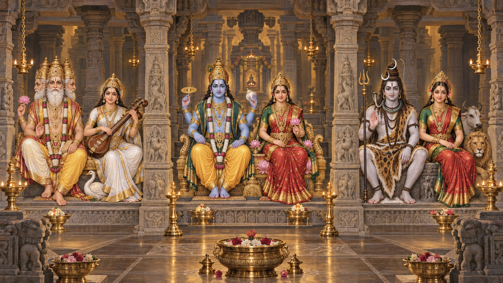 Brahma and Saraswati, Vishnu and Lakshmi, and Shiva and Parvati seated as three balanced divine couples in a lamp-lit temple hall.