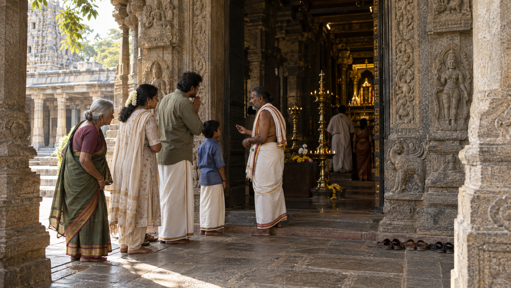 Visitors in modest clothing leave their footwear and pause respectfully before entering a carved stone temple in Tamil Nadu.