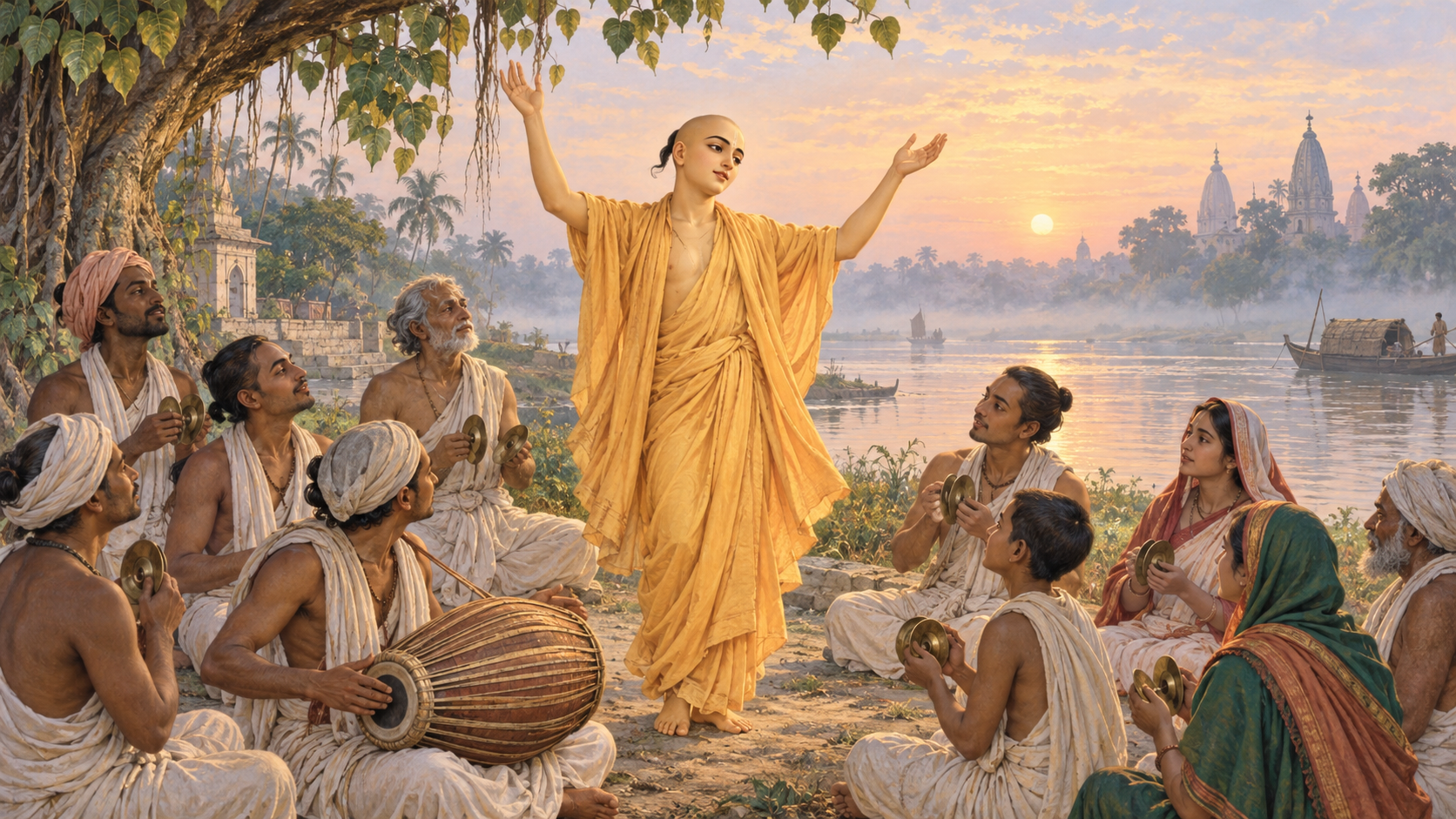 Lord Caitanya raises his arms while leading villagers in devotional chanting beside a misty river at sunrise.