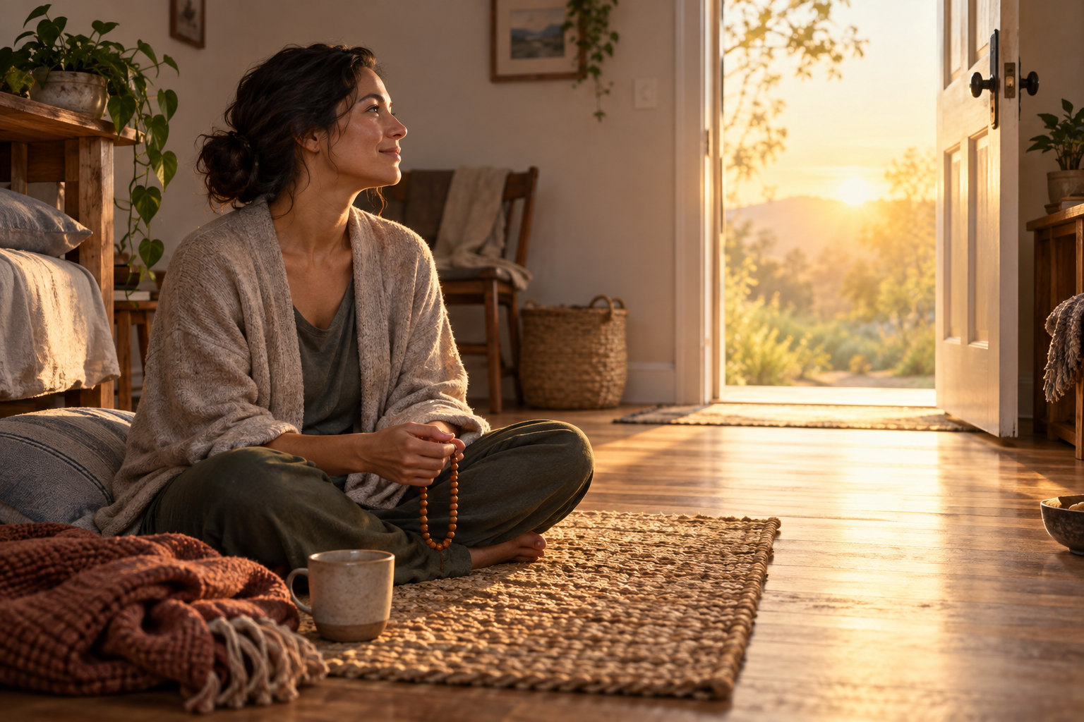 A person sits with wooden prayer beads in an ordinary home as morning light enters through an open doorway.