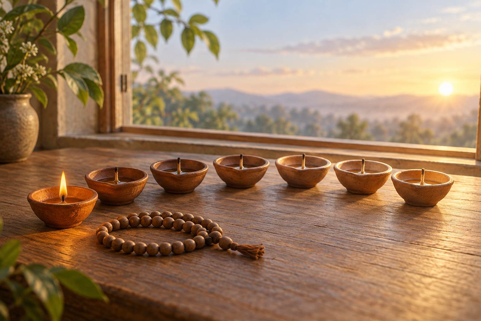 Seven small clay lamps and wooden prayer beads rest near a window in soft dawn light.