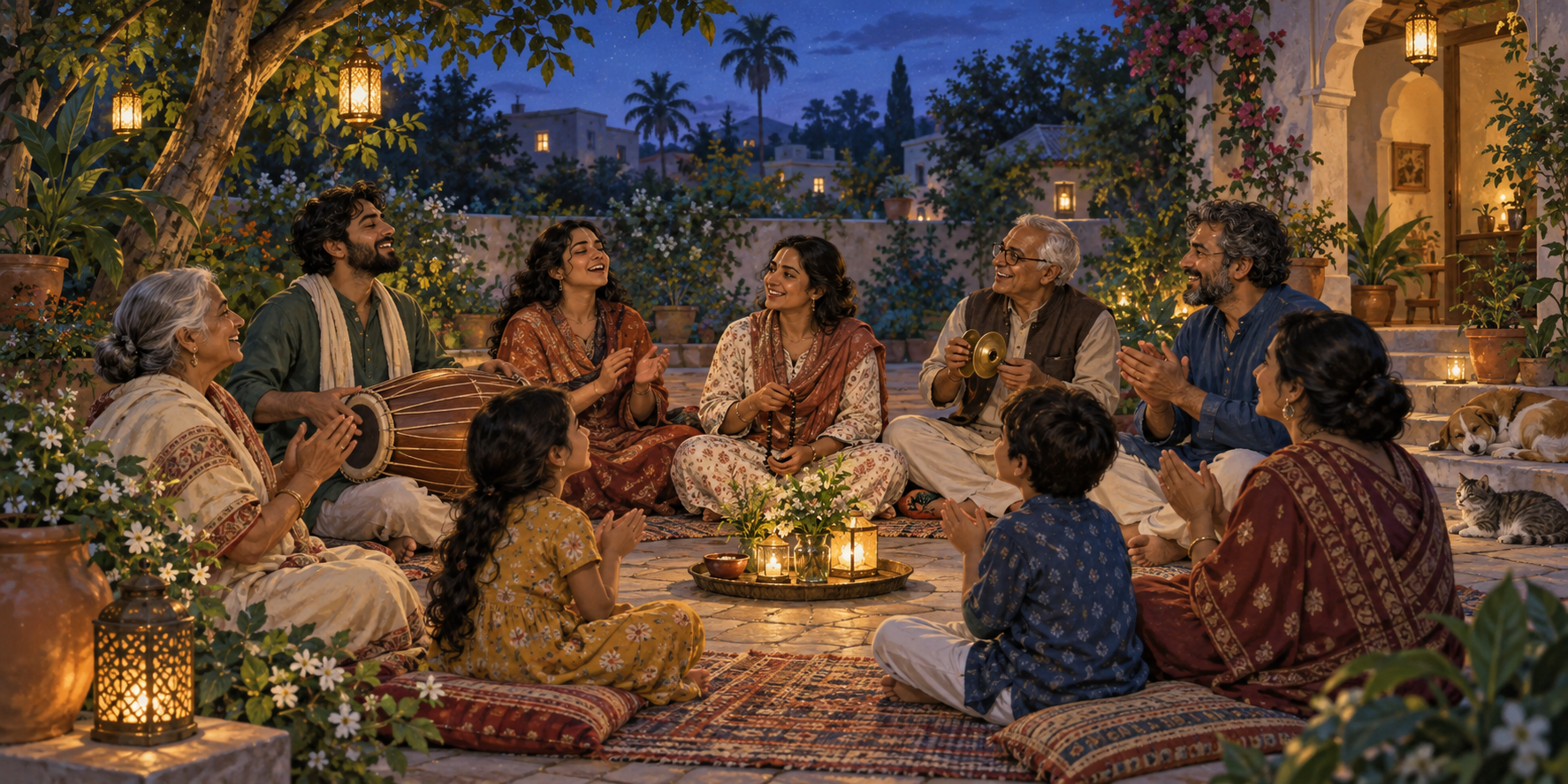 Adults, elders, and children sit in a courtyard circle chanting together with a drum and hand cymbals at twilight.