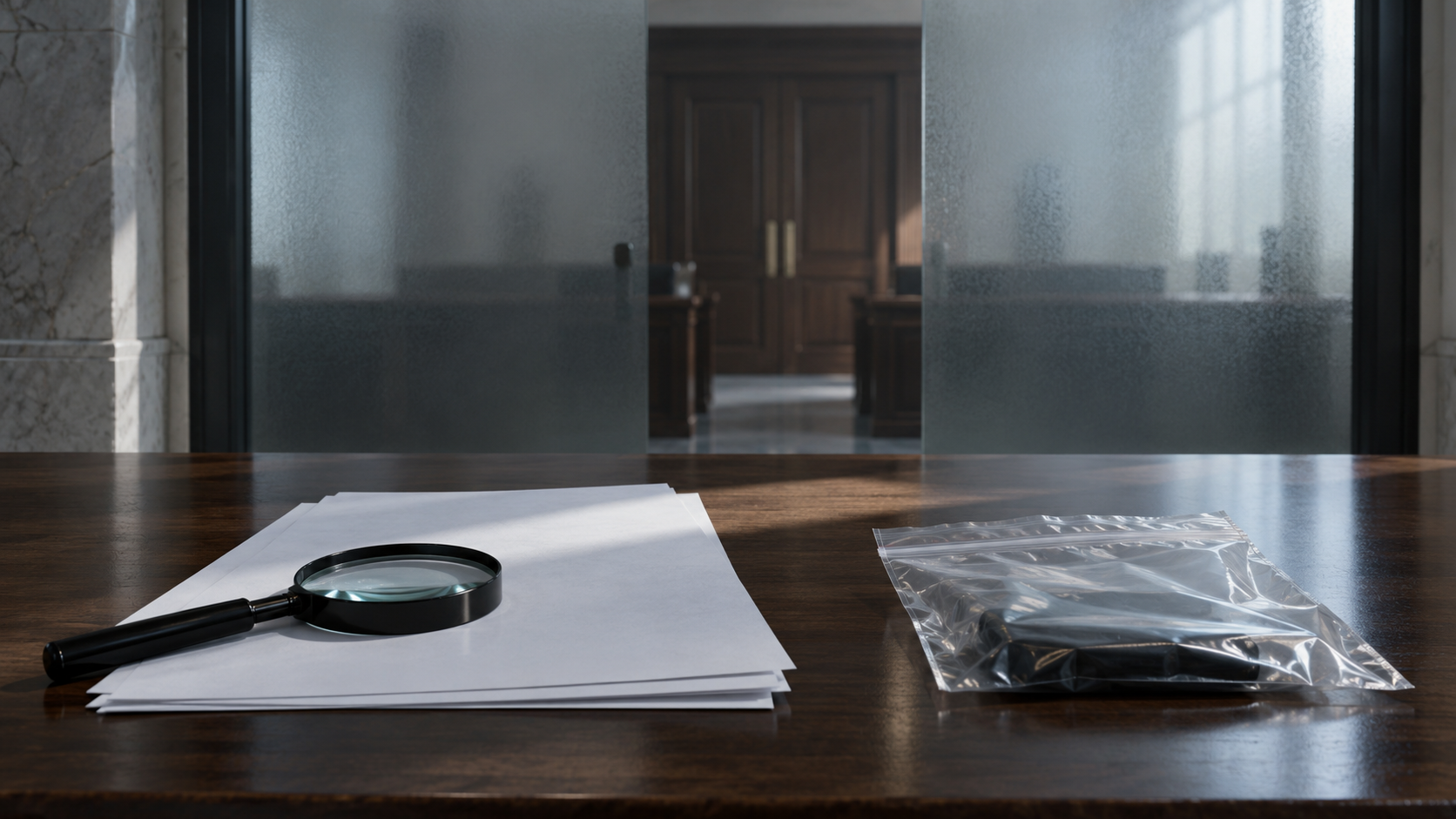 A magnifying glass, blank documents, and a sealed evidence pouch sit before a closed doorway seen through frosted glass.