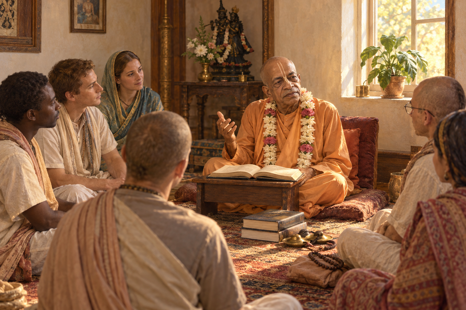 Srila Prabhupada sits with an open book and teaches a diverse circle of students in a warmly lit temple room.