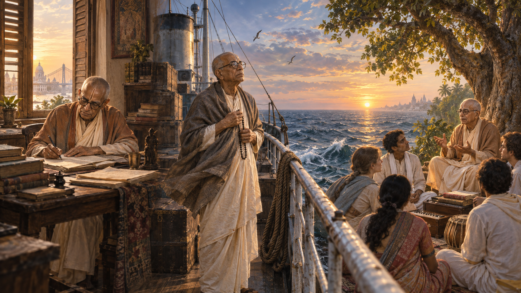 A panoramic illustration shows a Vaishnava teacher writing manuscripts, crossing the ocean on a cargo ship, and teaching a gathering beneath a tree.