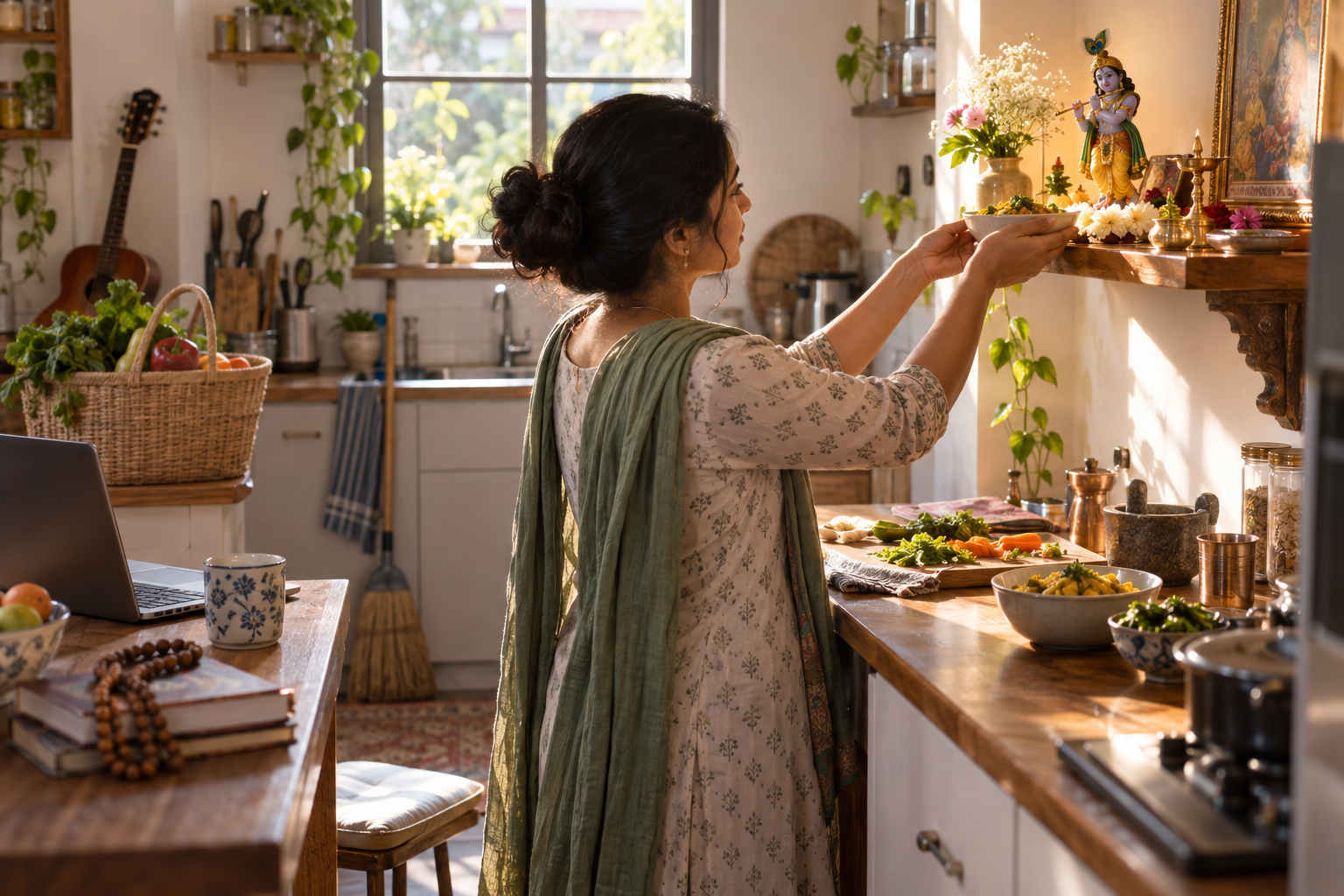 A devotee places a vegetarian dish on a small home altar while household, work, music, and prayer items surround the central offering.