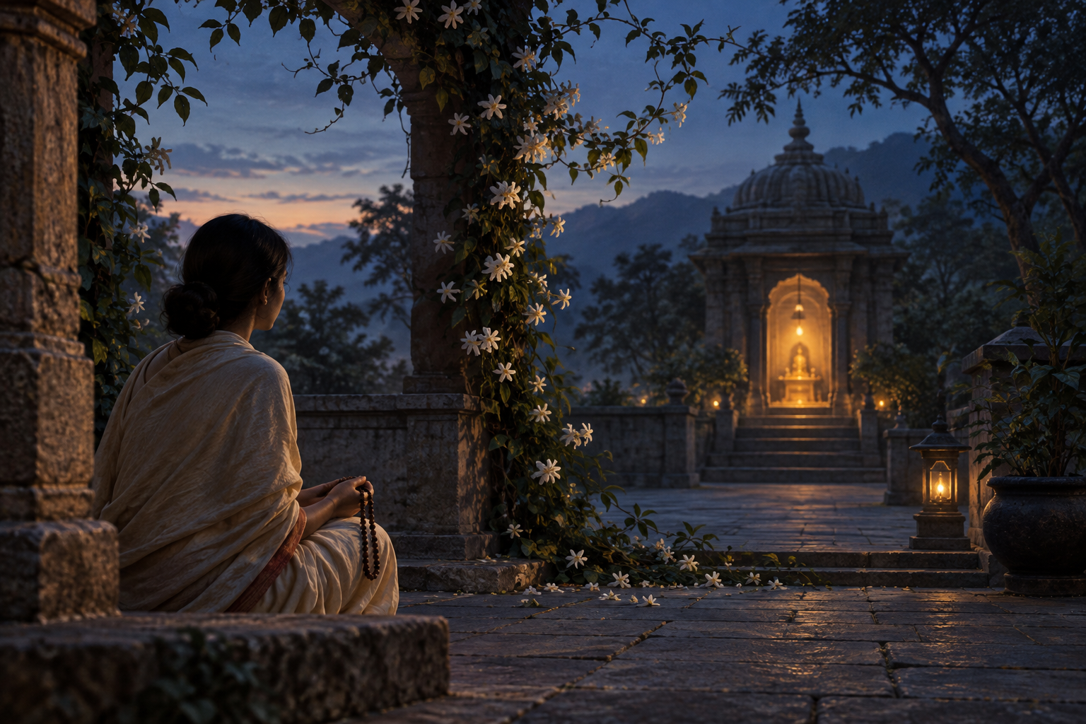 A devotee holding prayer beads sits quietly in a predawn courtyard facing a softly lit shrine doorway and flowering vine.