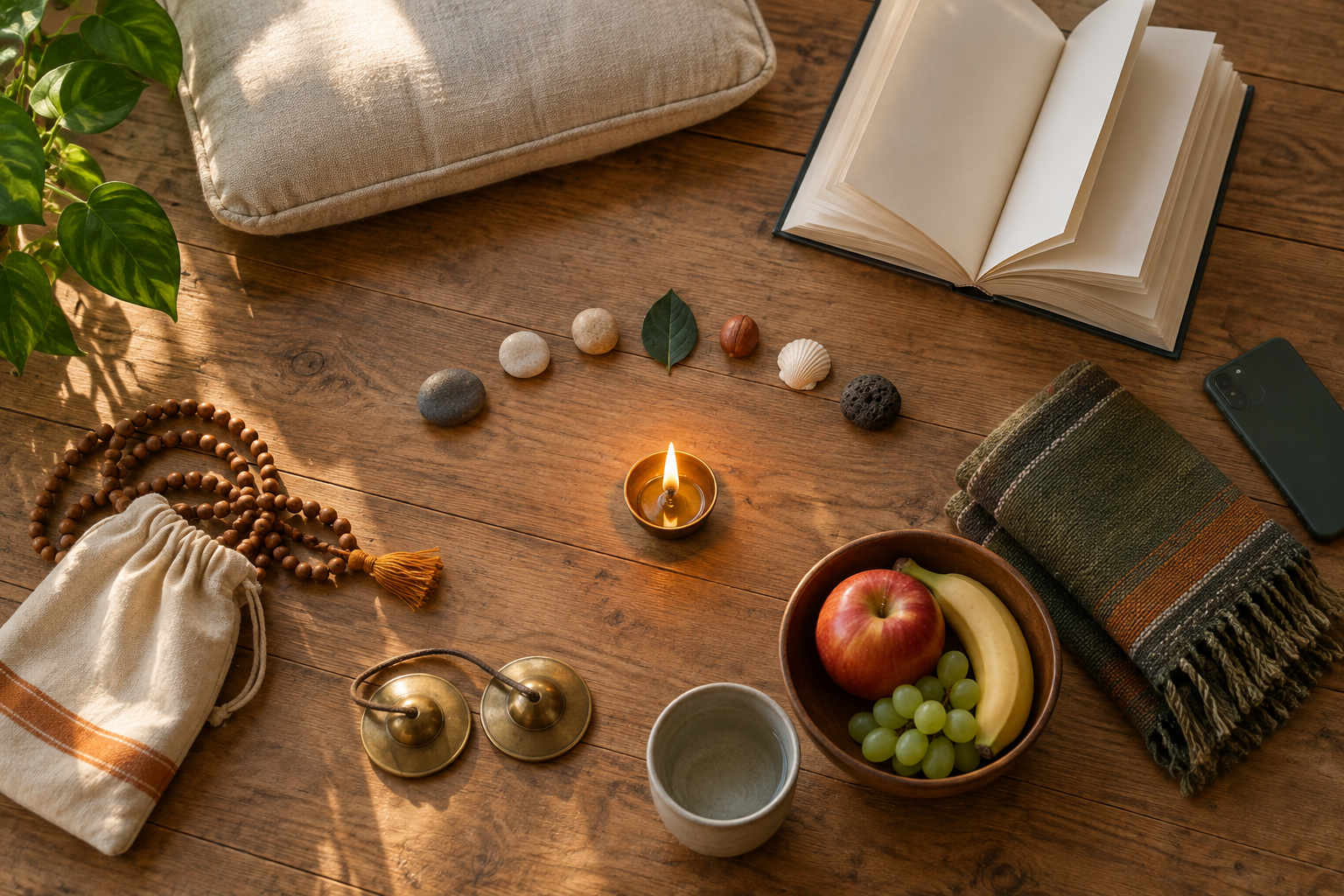 Seven small tokens surround prayer beads, an open book, hand cymbals, fruit, water, a folded shawl, and a face-down phone in a sunlit practice space.