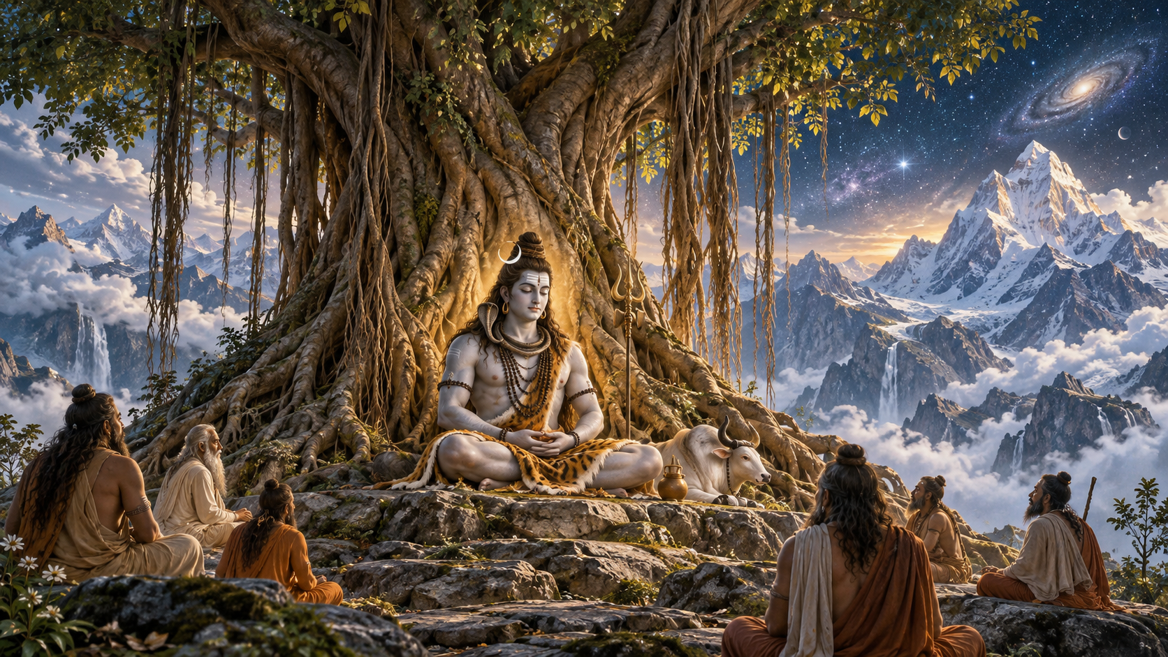 Lord Siva meditates beneath an immense banyan tree on Mount Kailasa as sages sit nearby and a luminous cosmos appears through the branches.