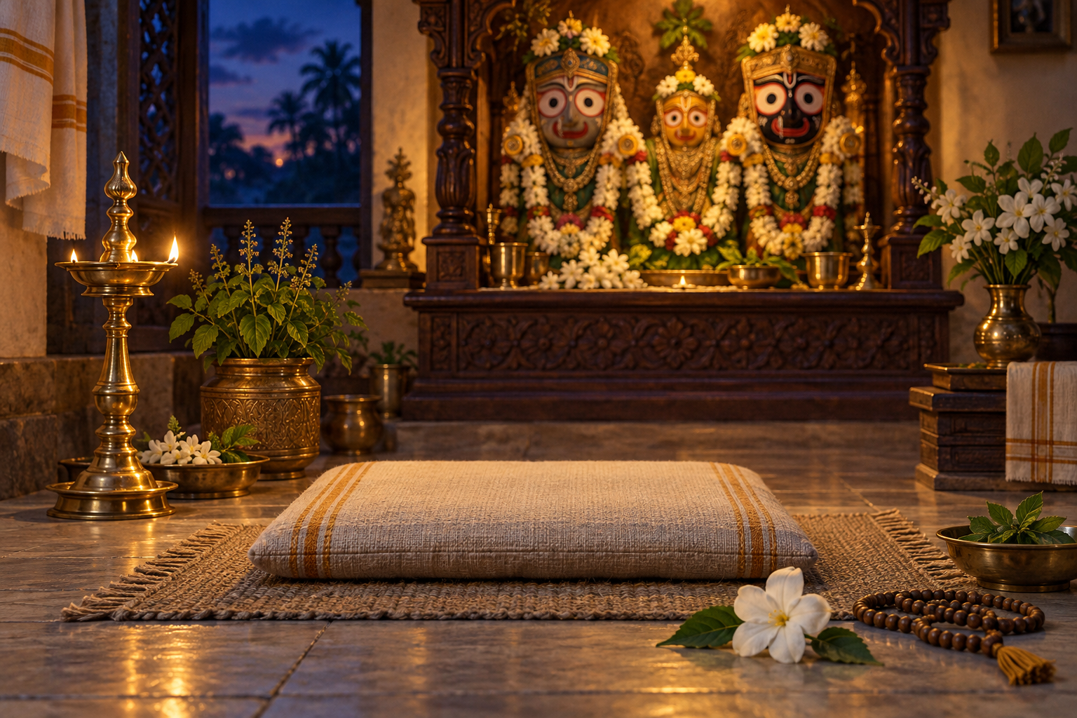 An empty cushion, prayer beads, flowers and a glowing oil lamp arranged before a Vaishnava home altar at dusk.
