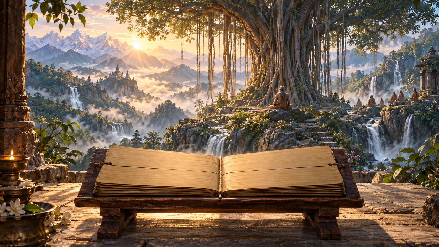 A blank palm-leaf manuscript on a wooden stand opens toward a visionary mountain landscape with a vast banyan tree, an ascetic figure, sages, and celestial light.