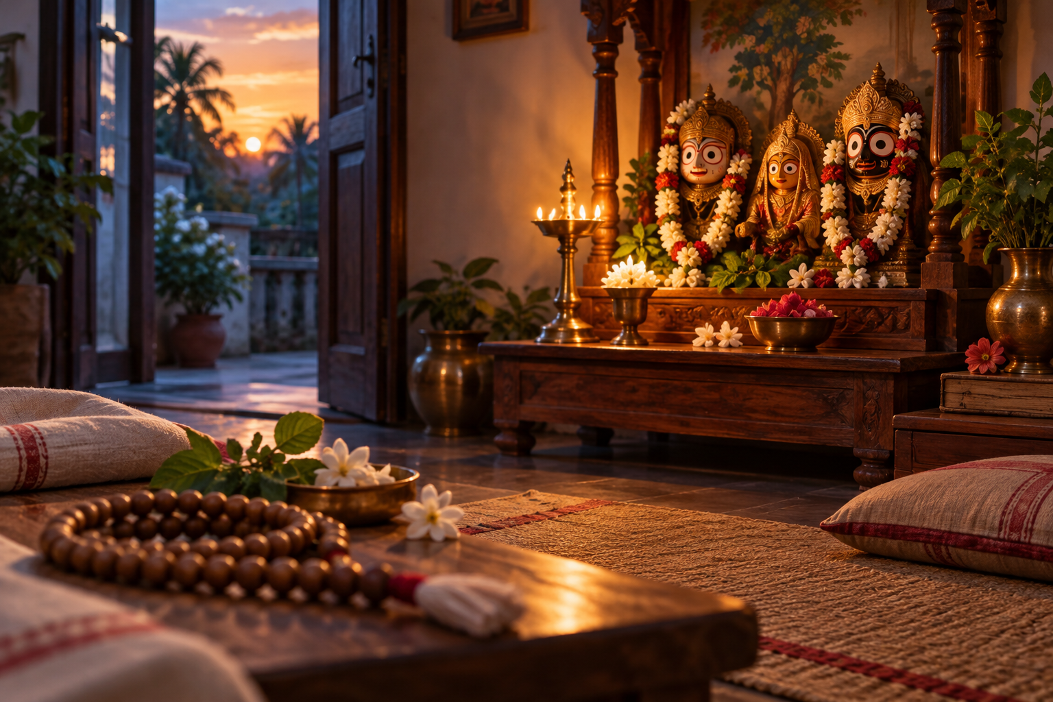 A flower-decorated Vaishnava altar and prayer beads illuminated by an oil lamp in a quiet home at evening.