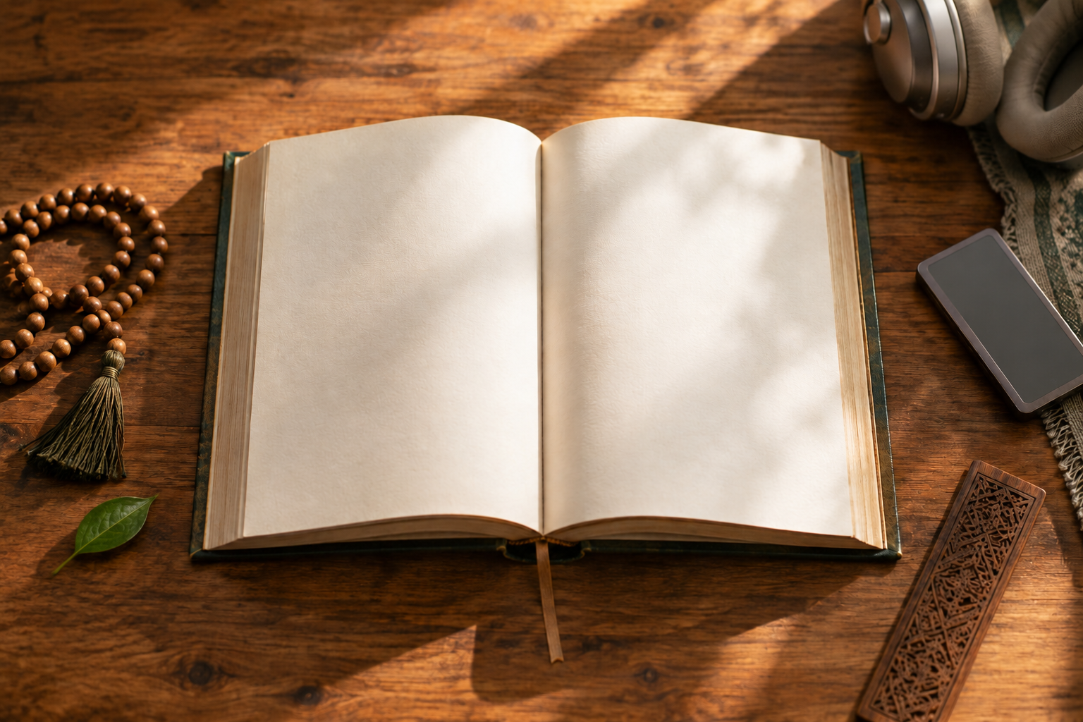 An open sacred book is centered in warm light, with headphones and an audio player set farther away at the edge of the desk.