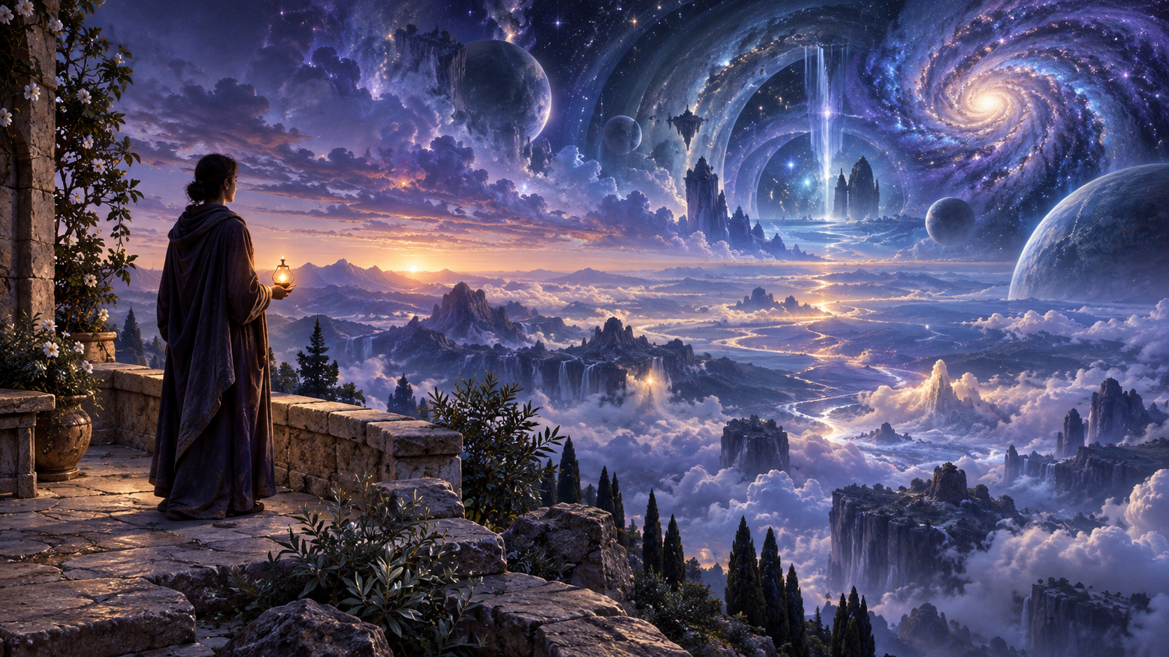 A contemplative figure holding an oil lamp stands at the edge of a stone terrace before mountains and an immense luminous cosmos.