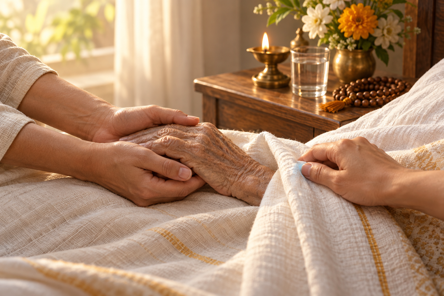 Hands provide gentle bedside care beside prayer beads, flowers, a cup of water and a glowing oil lamp.