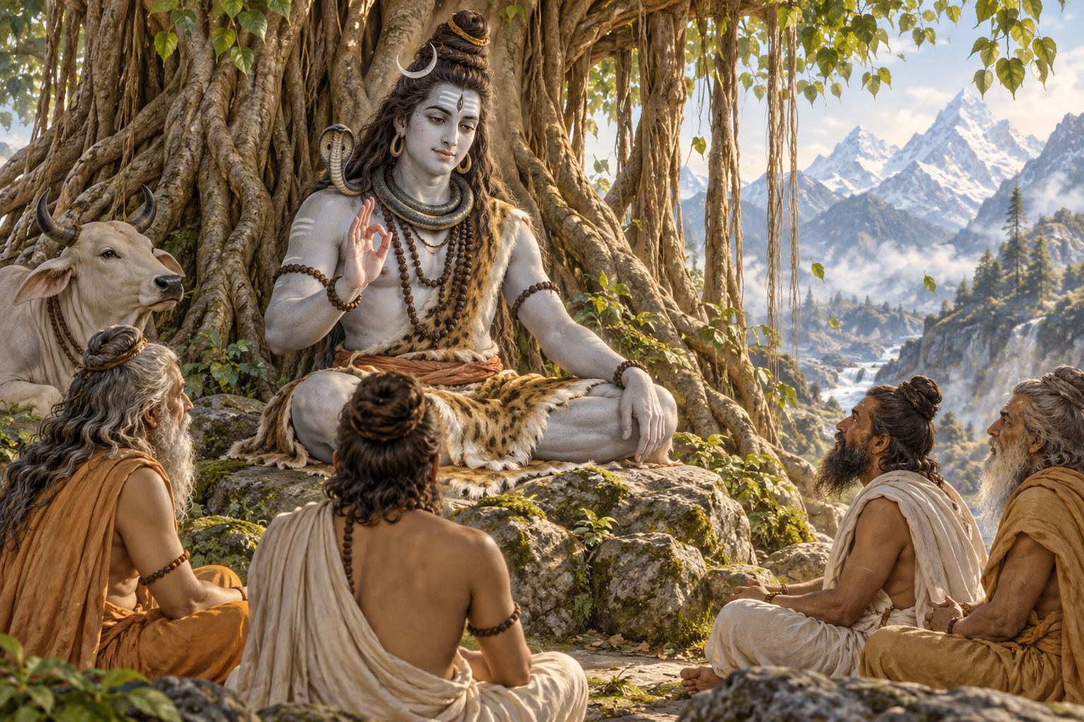 Lord Siva sits calmly beneath a banyan tree with one hand in a teaching gesture while several sages listen in silence.