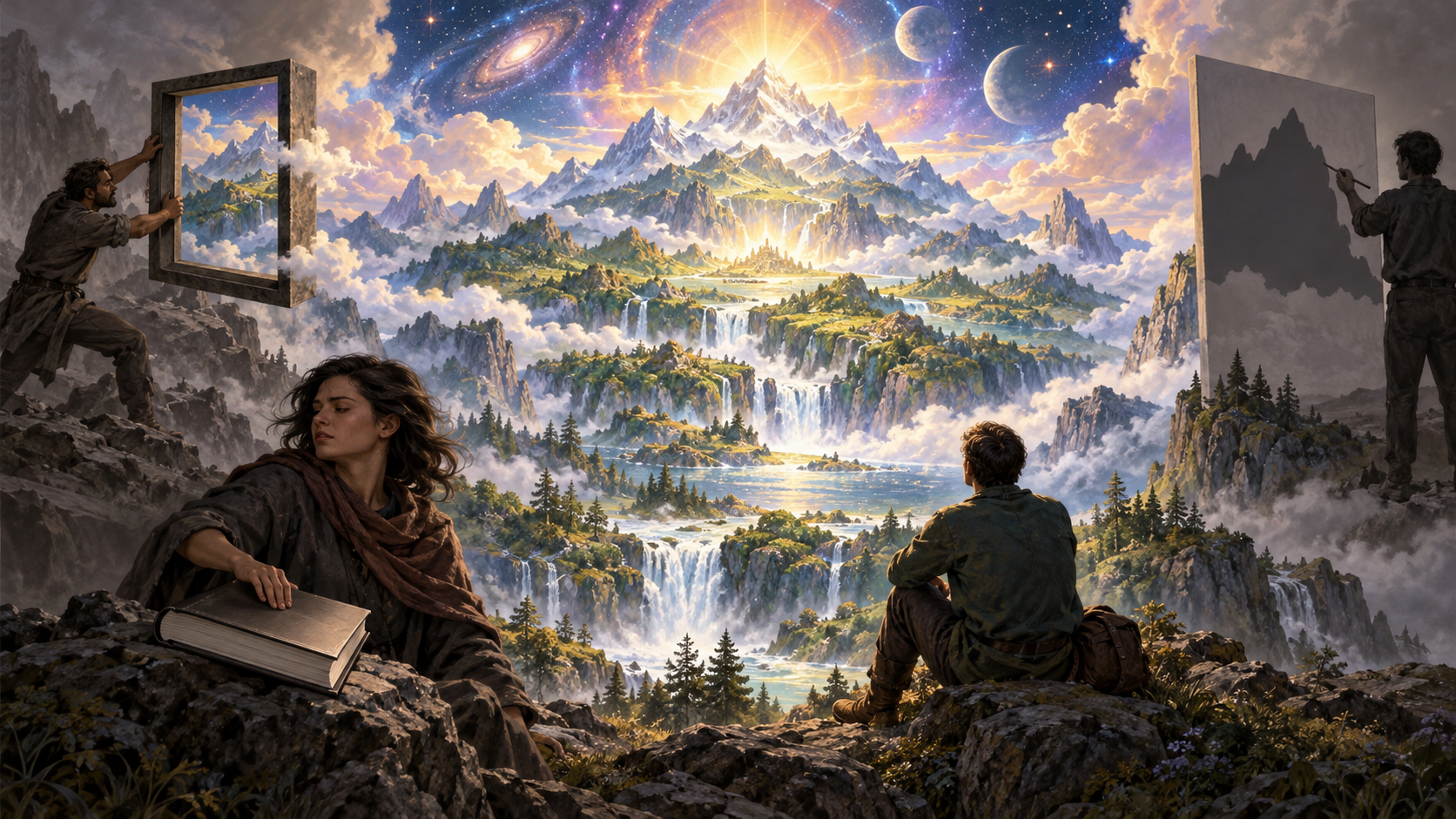 A luminous cosmic mountain vision remains whole while three figures respectively confine it to a frame, flatten it into shadow, and turn away, as a fourth observer watches attentively.