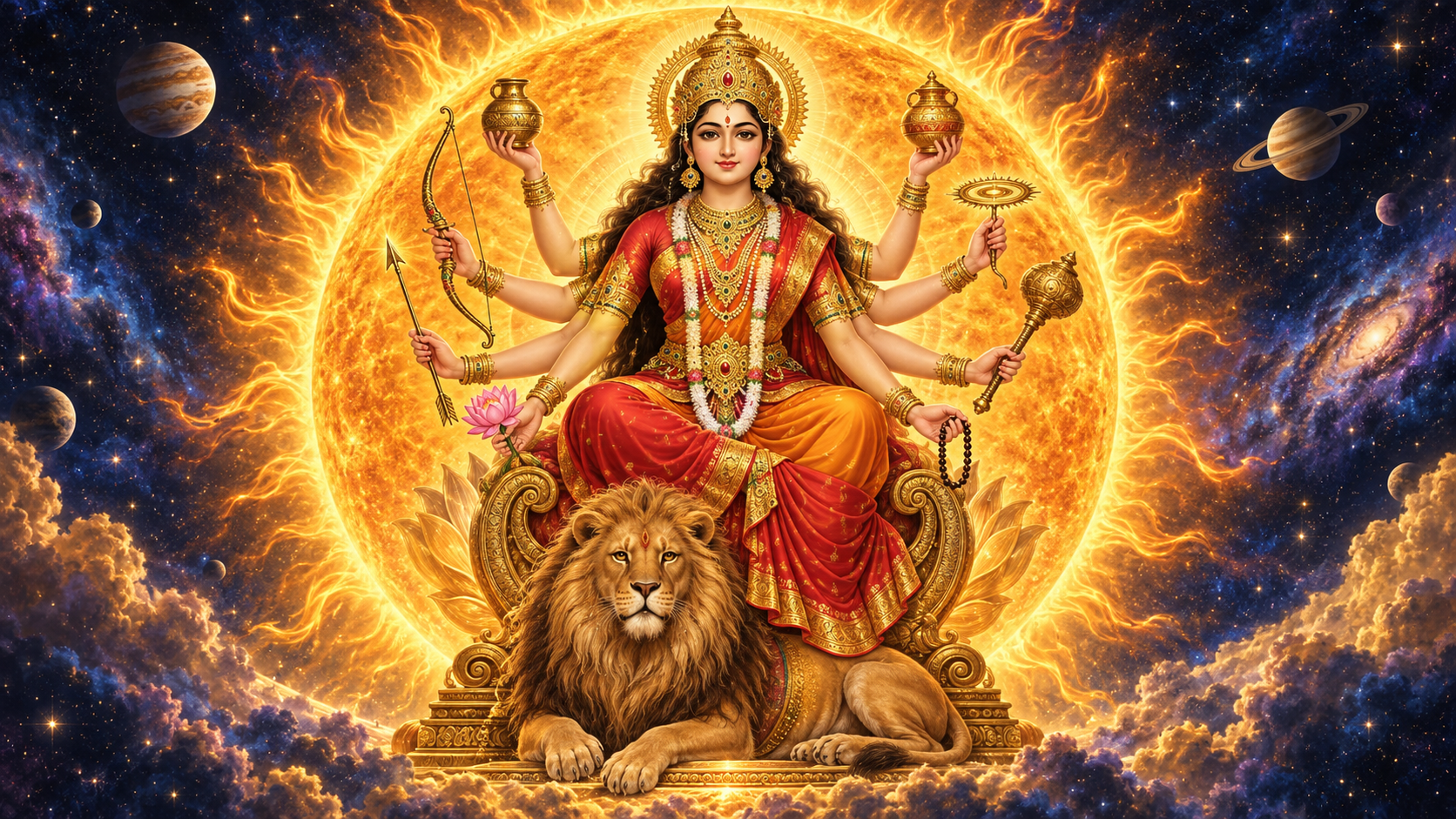 Goddess Kushmanda sits with eight arms and her lion mount at the luminous center of a golden Sun surrounded by an indigo, star-filled cosmos.