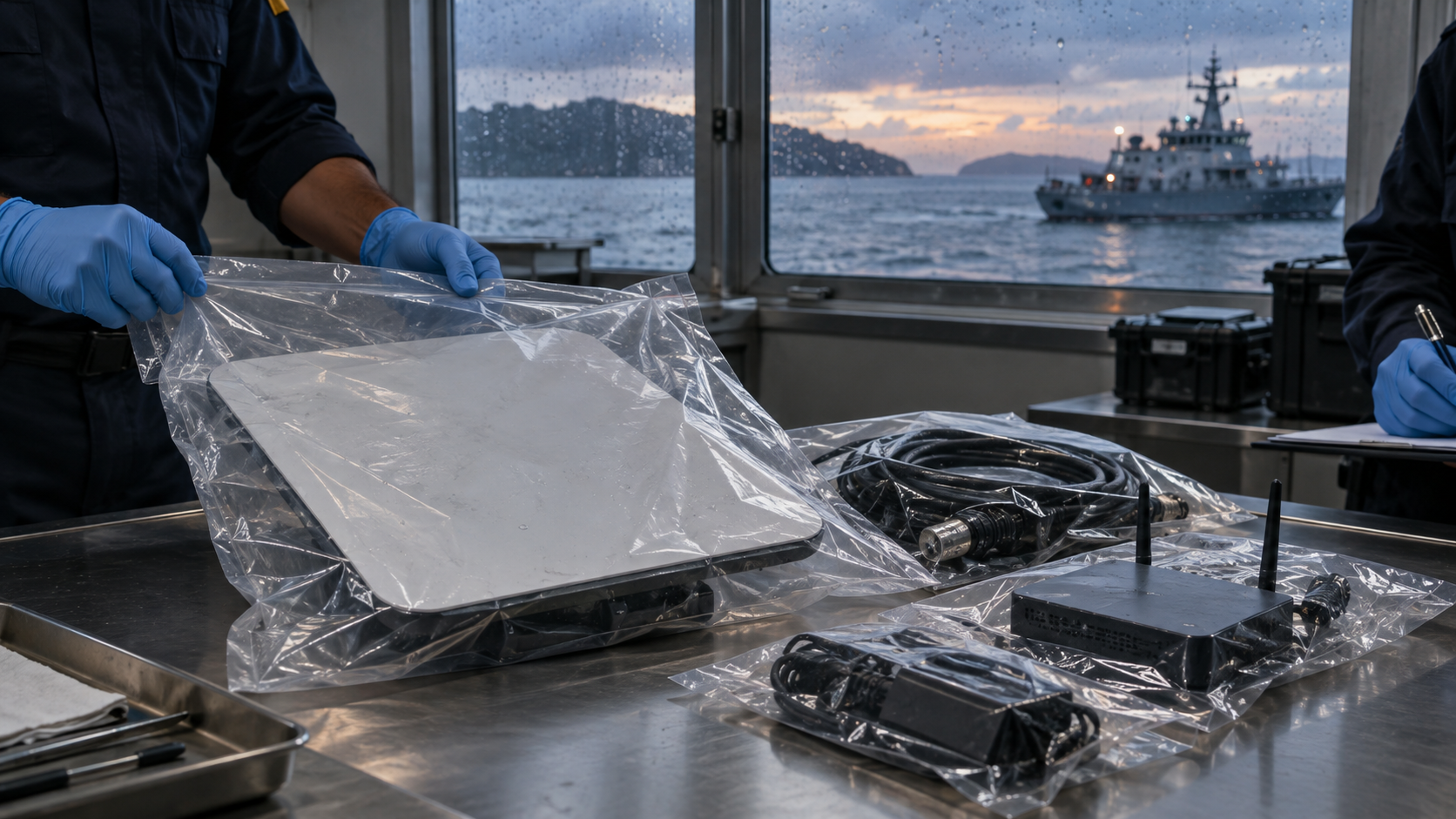 An unbranded satellite terminal in an evidence bag is examined by gloved investigators aboard a vessel on the Andaman Sea.