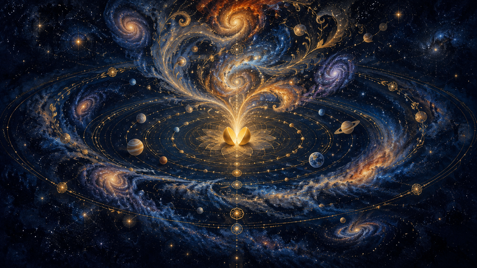 A small glowing golden cosmic egg opens in darkness, releasing spirals of light that develop into stars and an ordered circular cosmos.