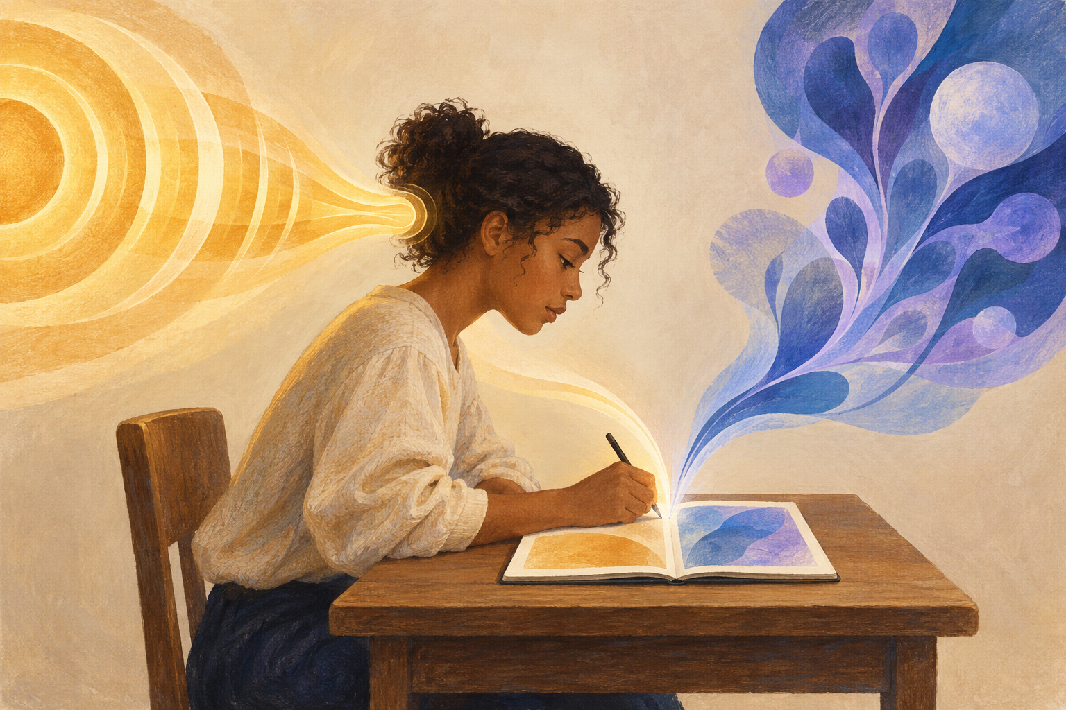 A student takes notes as golden sound waves and blue branching shapes remain separated on opposite sides of an open notebook.