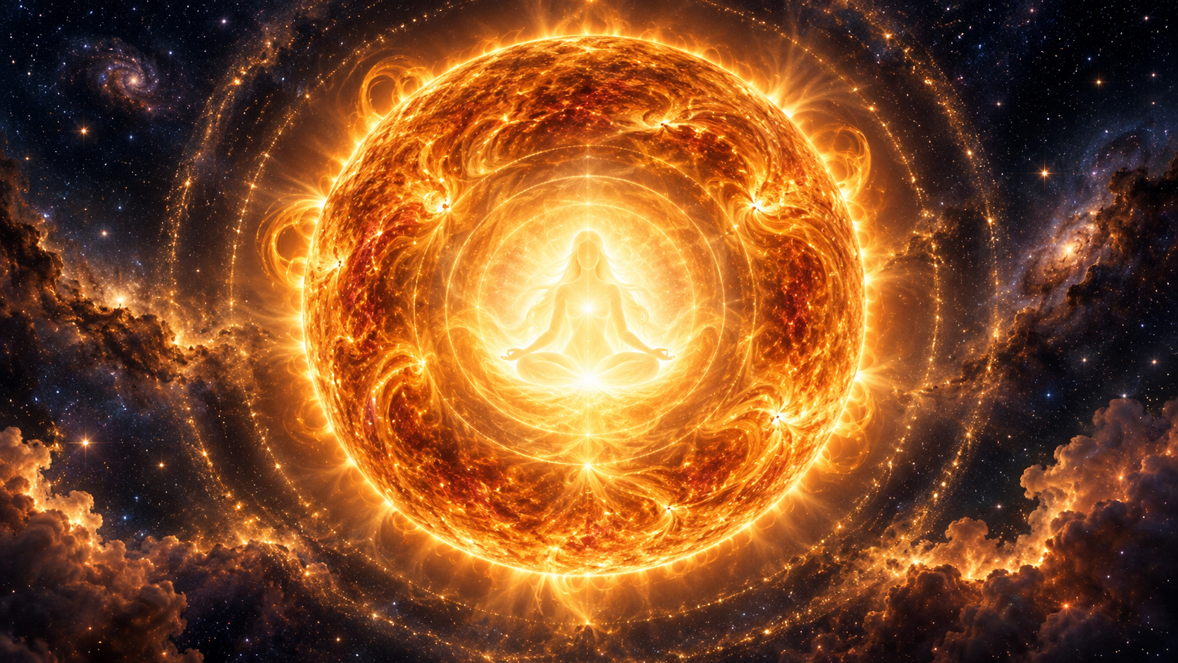 A radiant sun in a dark star field contains a subtle seated feminine figure made of white-gold light at its calm center.