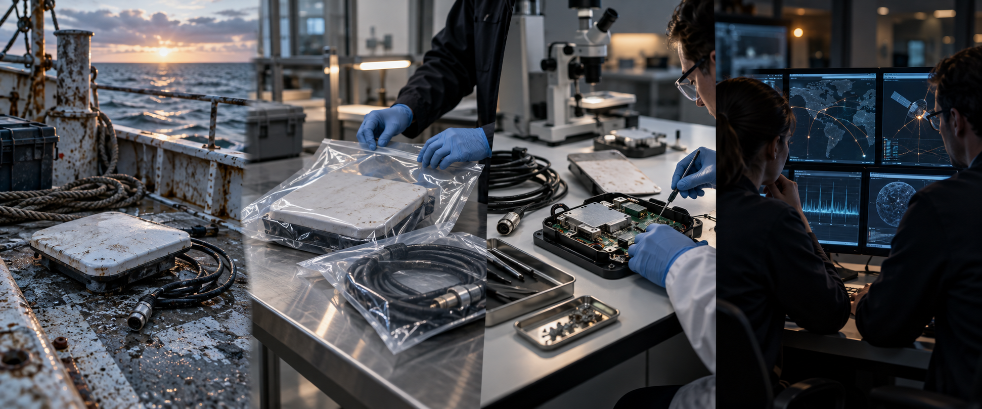 A four-stage forensic sequence shows a satellite terminal being documented, secured as evidence, examined in a laboratory and checked against digital records.