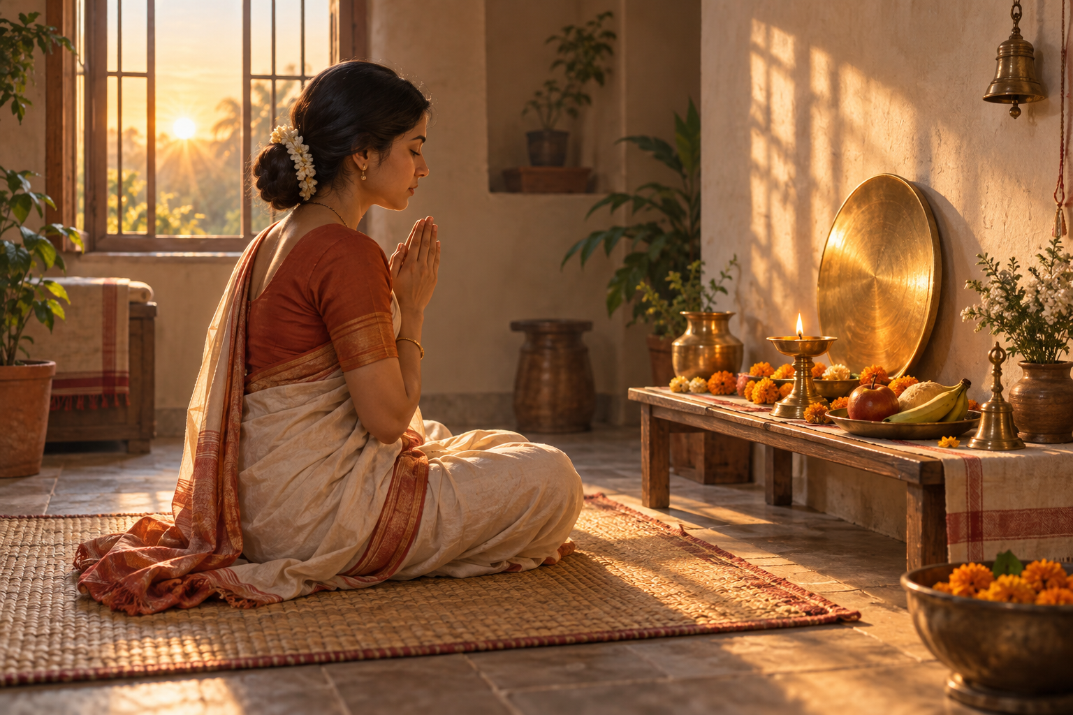 A seated devotee meditates at dawn beside an oil lamp, marigold flowers, a brass disc, and a water vessel in a simple home prayer space.