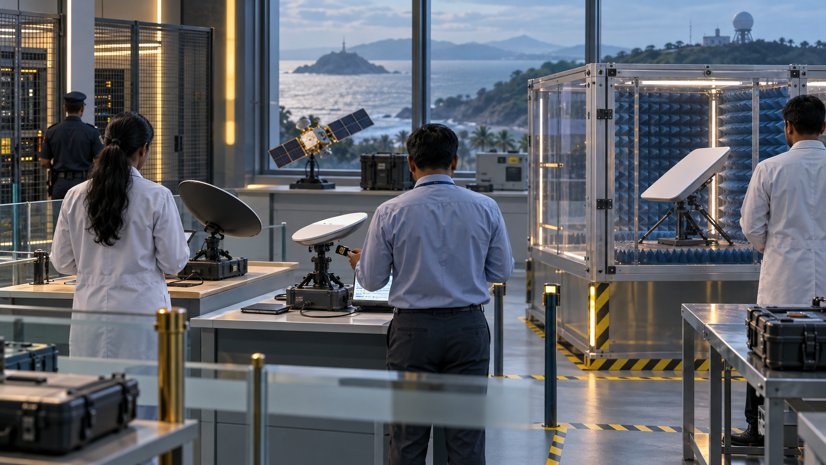 Engineers in a secure laboratory test unbranded satellite terminals using identity checks, isolation equipment and shielded enclosures.