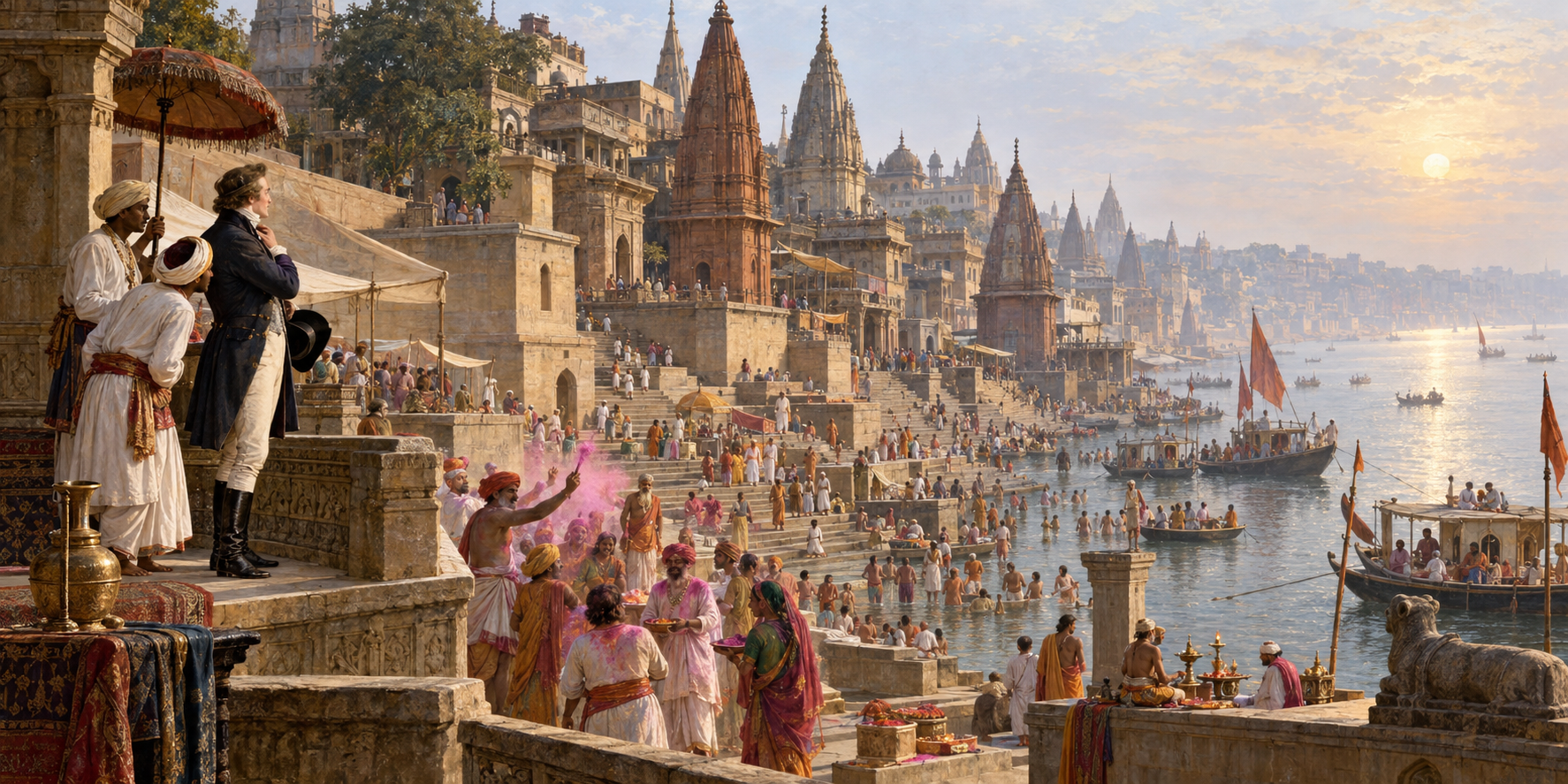 A European visitor and colonial attendants stand apart from Holi celebrants while overlooking the ghats, temples and busy riverfront of early nineteenth-century Varanasi.