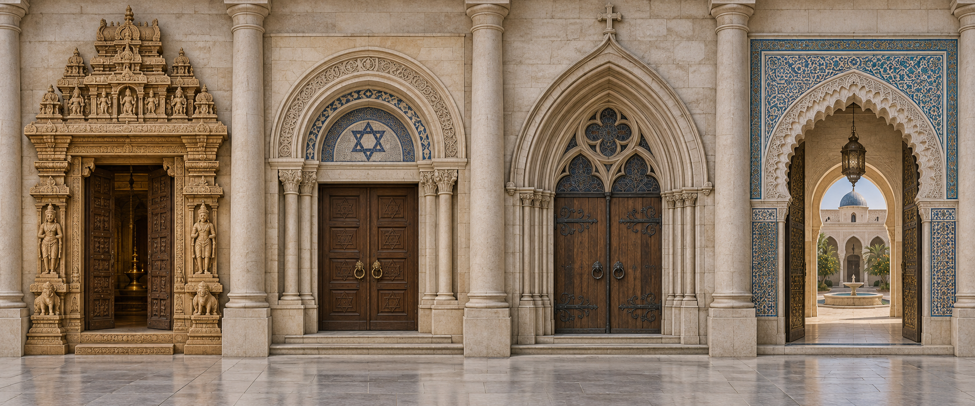 Four separate architectural entrances represent a Hindu temple, synagogue, church, and mosque in an evenly arranged row.