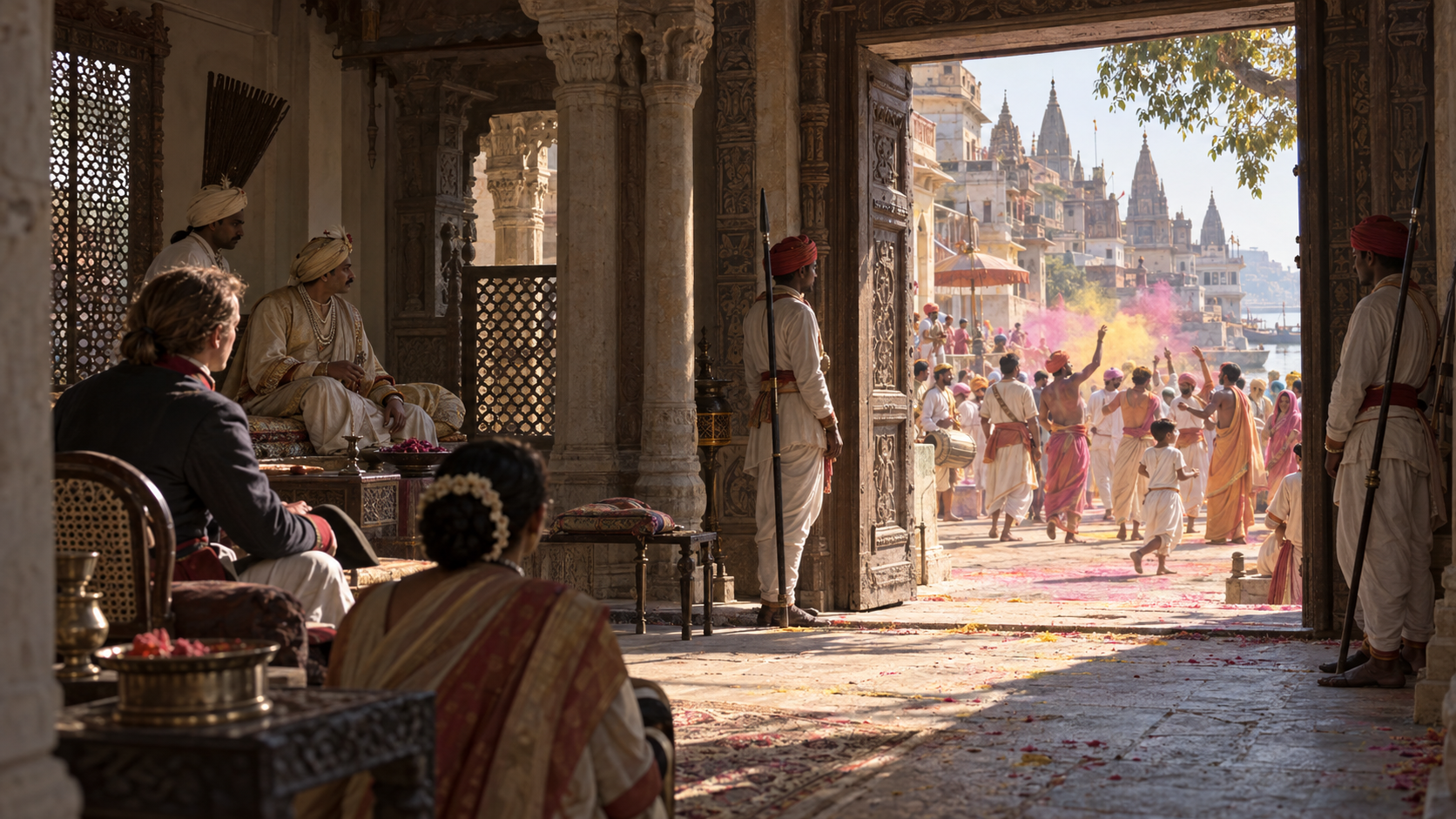 A European traveller observes a Holi gathering through the guarded doorway of an elite Varanasi residence, with hosts and attendants separating him from the street celebration.