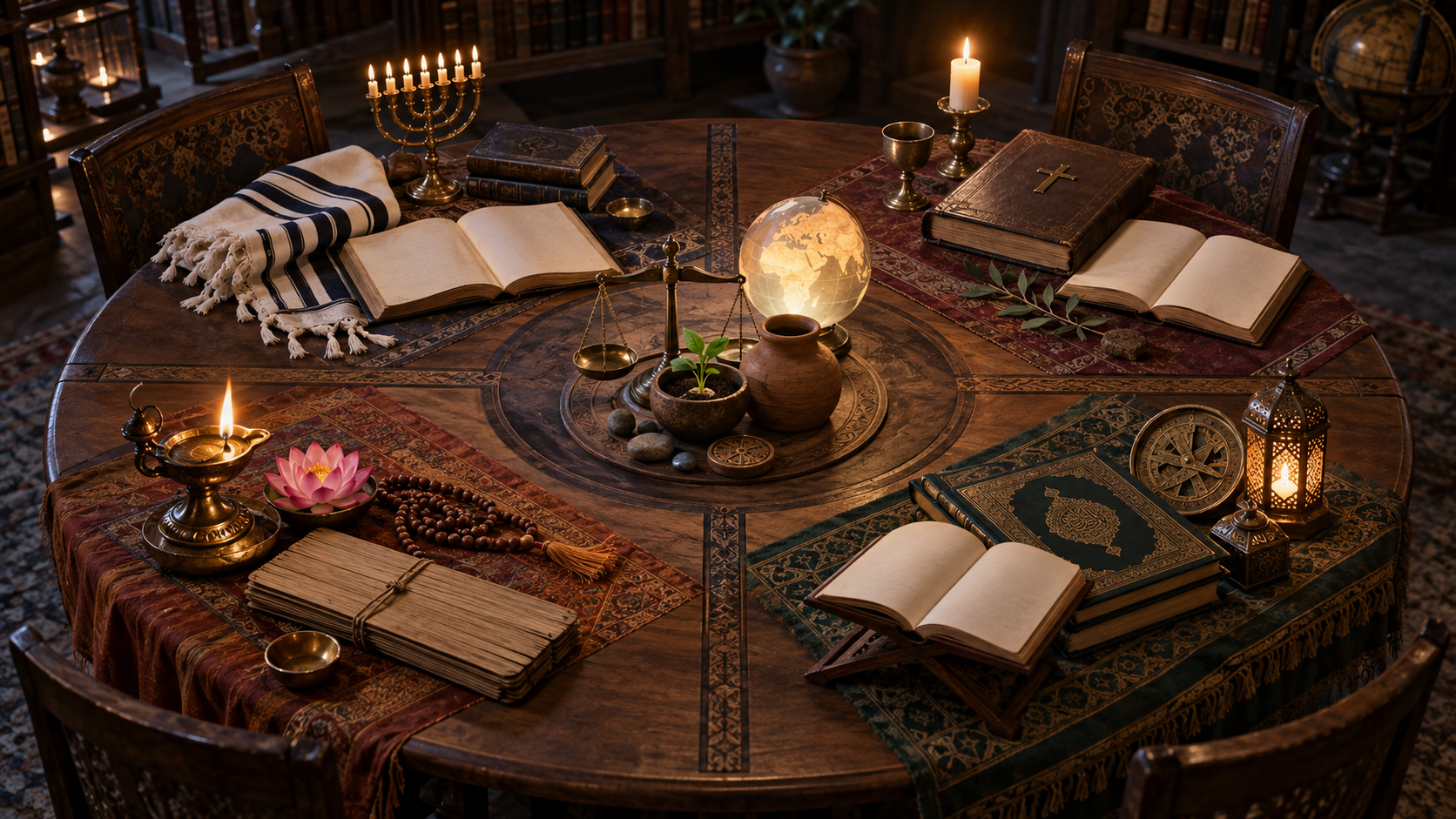 A round study table holds four separate groups of religious and scholarly objects around a central vessel, balance scale, seedling, and globe.