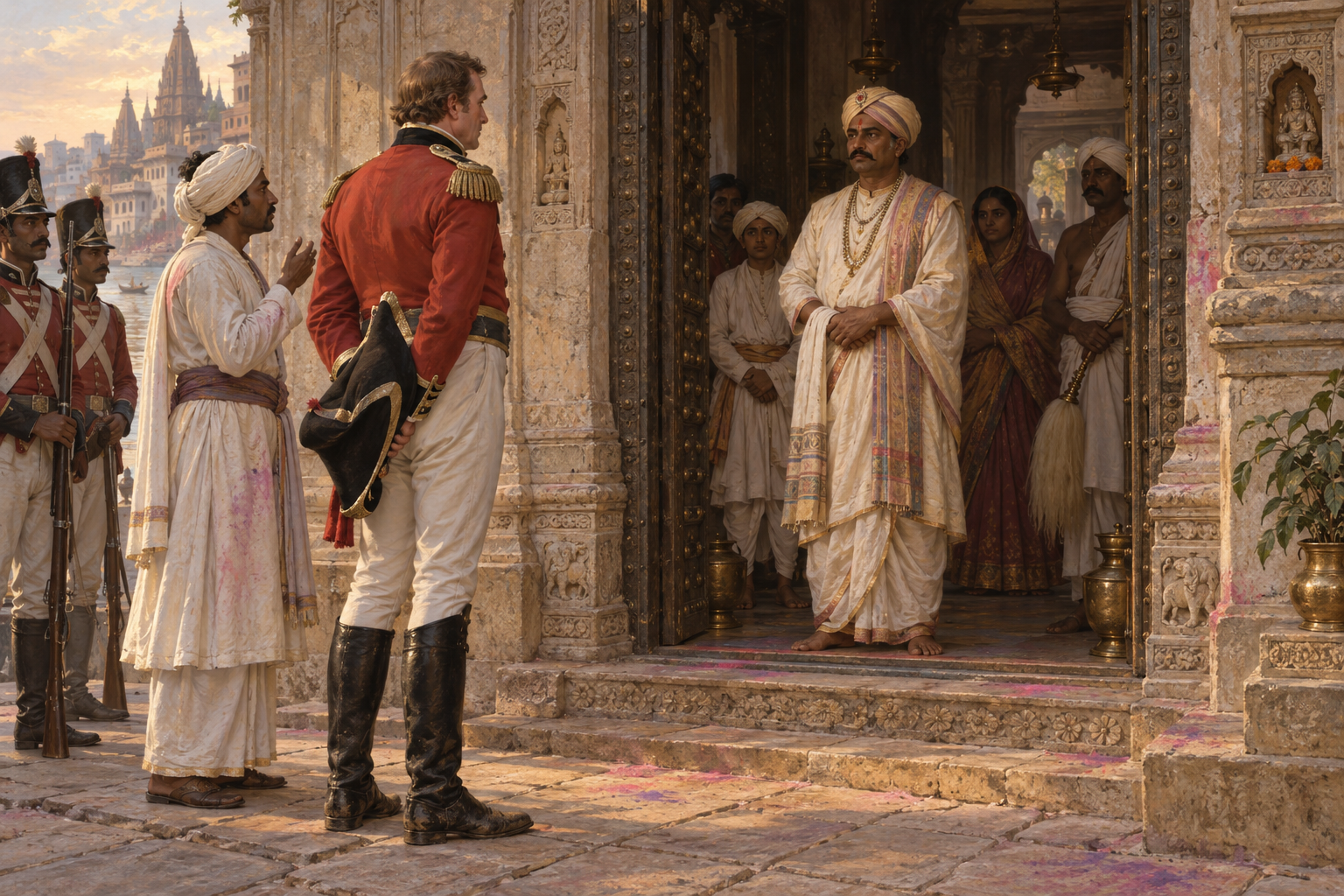 An Indian household leader faces a European visitor, interpreter and escort across the threshold of a Varanasi residence during the Holi period in 1803.