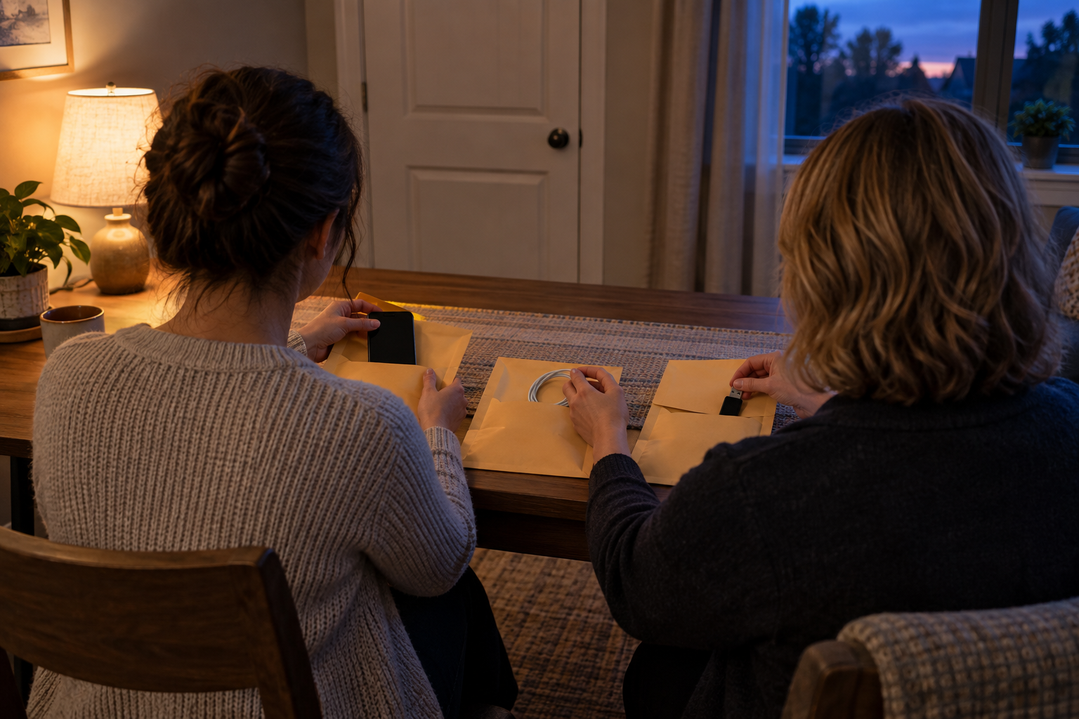 Two adults in a private room organize a smartphone, cable, and storage drive into plain protective envelopes.