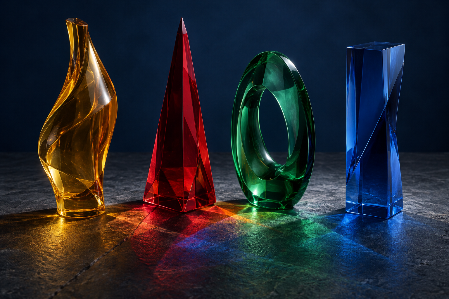 Four differently shaped colored glass forms cast pools of light that partly overlap while remaining visibly distinct.