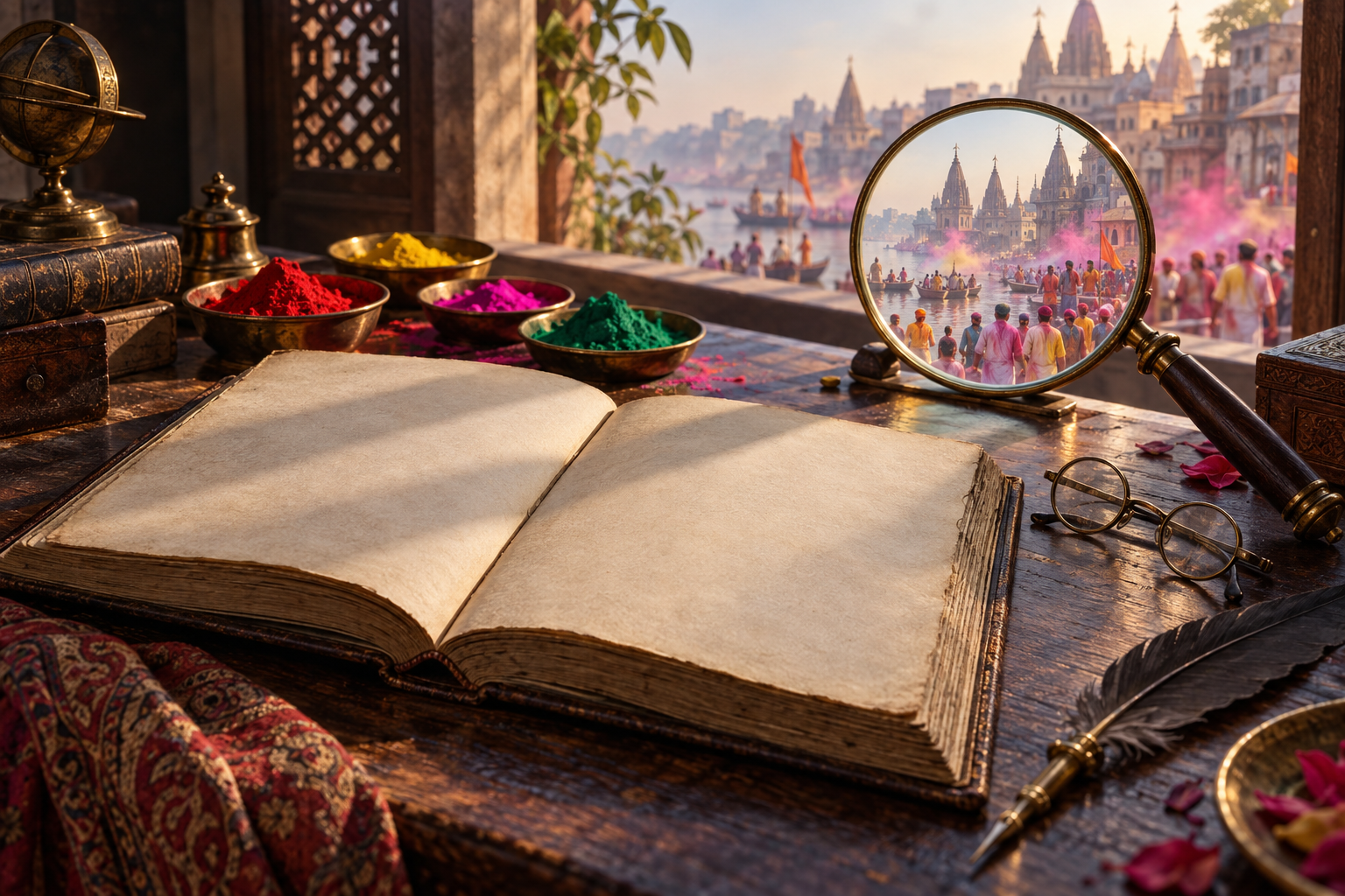 A blank open travel journal, quill, magnifying glass and bowls of Holi pigment sit on a desk overlooking a softly focused Varanasi street celebration.