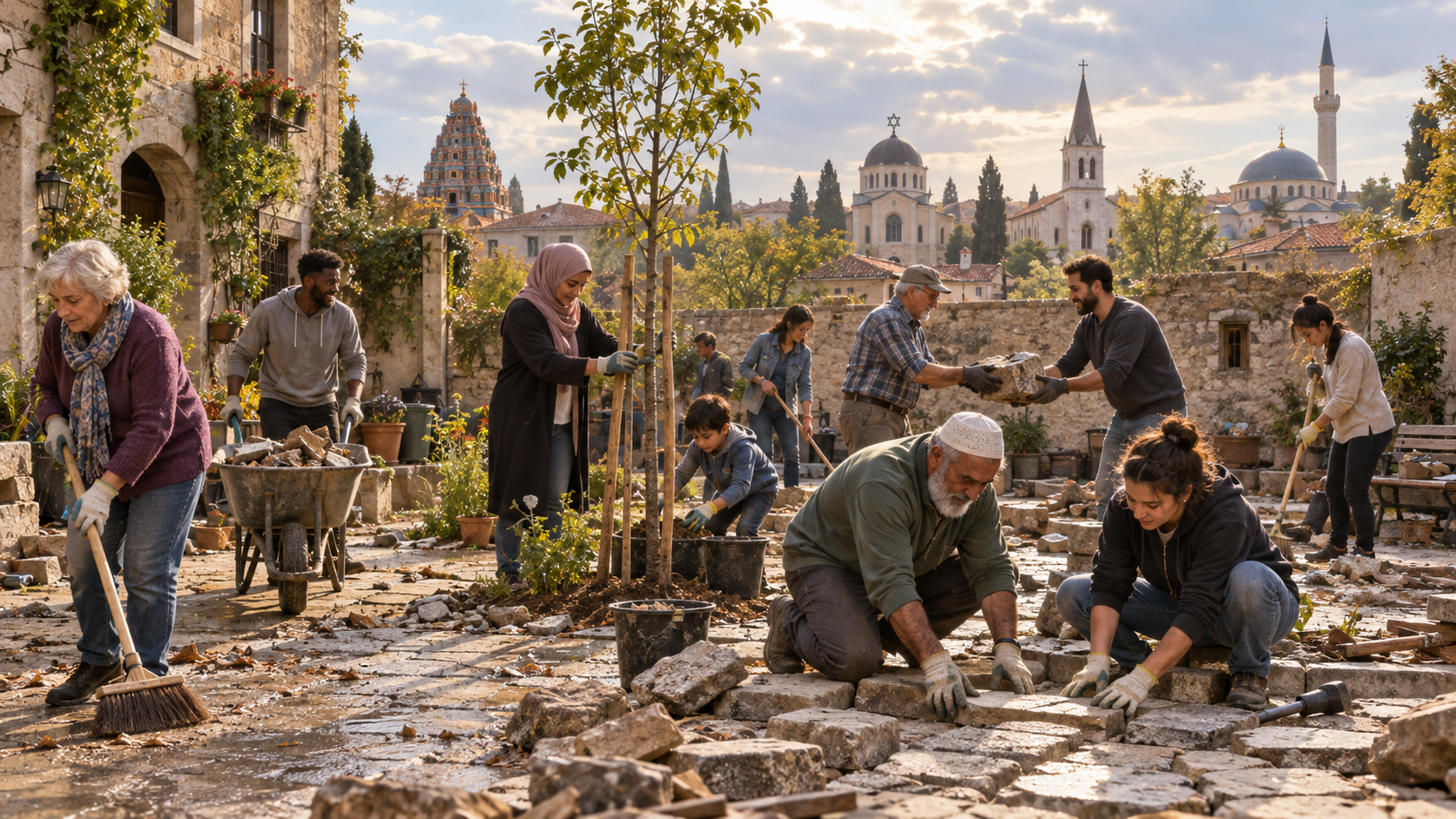 Residents work together to repair a damaged courtyard in a neighborhood where a temple, synagogue, church, and mosque are visible in the distance.
