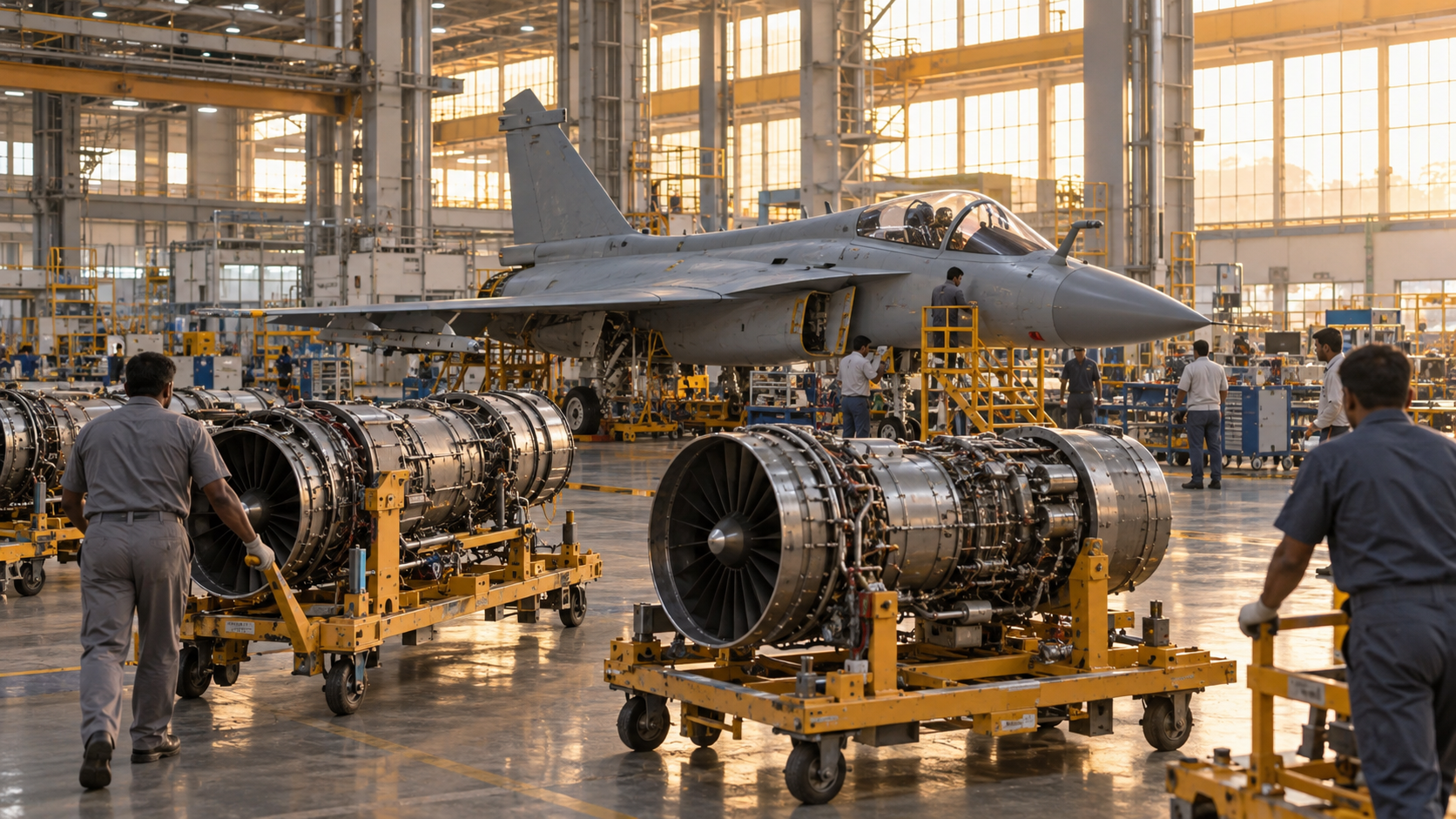 An unmarked delta-wing light fighter in a modern assembly hangar as turbofan engines arrive on transport cradles.