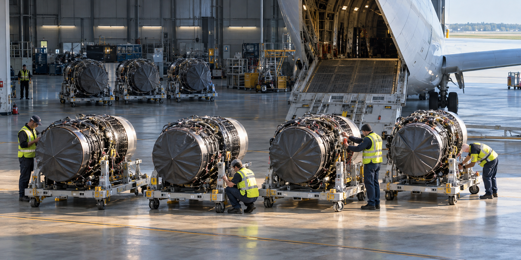 Seven turbofan engines in a receiving hangar, with three stored farther back and four newly unloaded in the foreground.
