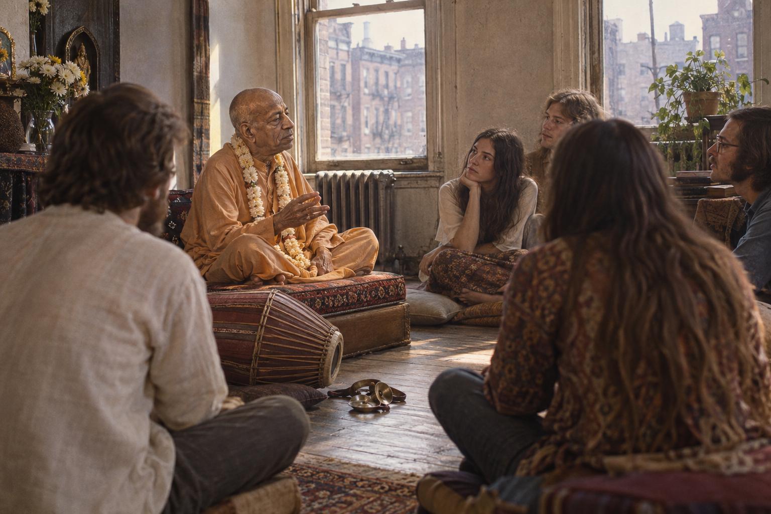 An elderly Vaishnava teacher speaks to a small circle of attentive disciples in a modest late-1960s New York room.