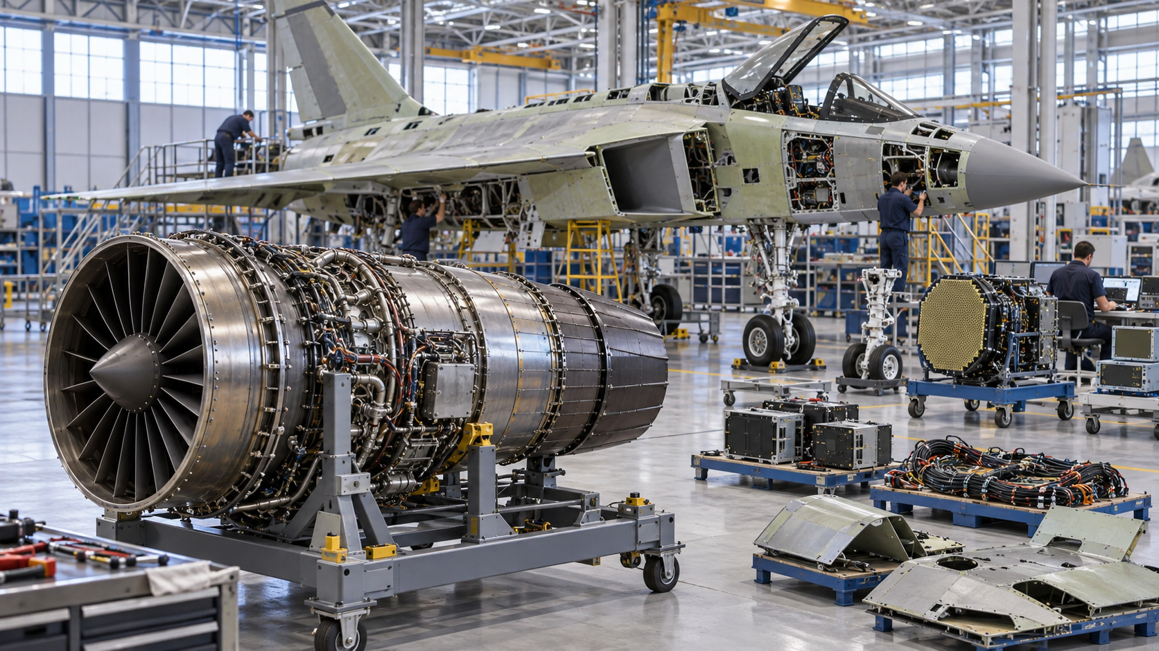 A turbofan engine stands before an unfinished delta-wing fighter surrounded by avionics, landing gear, wiring, and other components still awaiting integration.