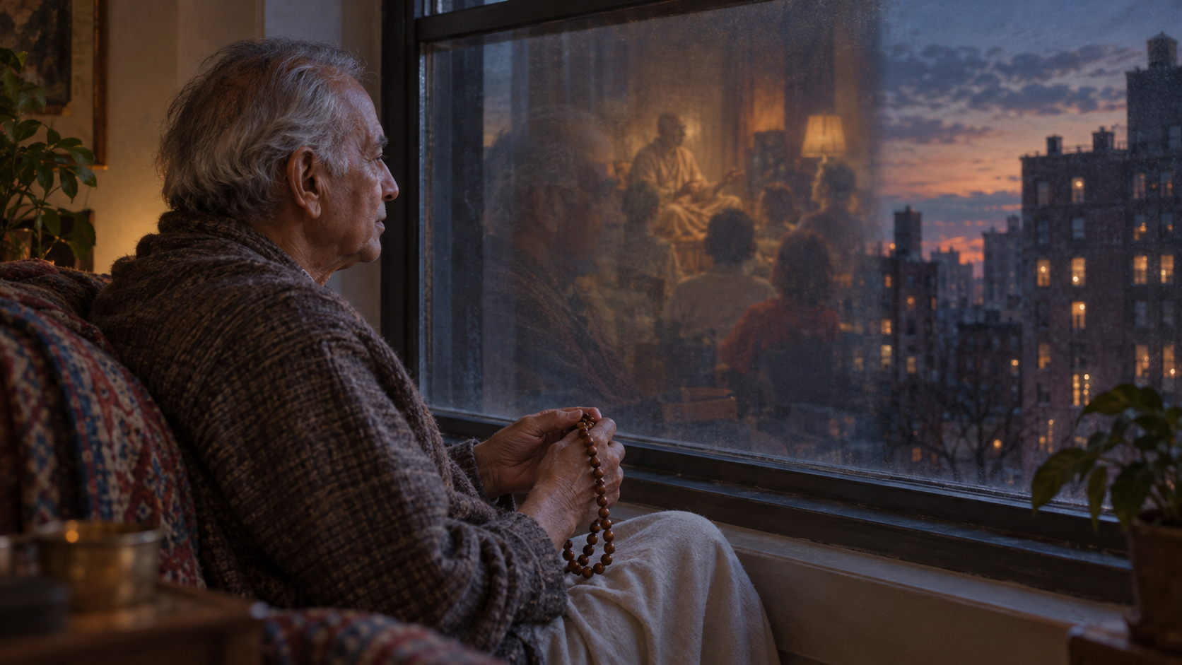 An older devotee with prayer beads sits by a window while a softly blurred devotional gathering appears in the glass as a memory.