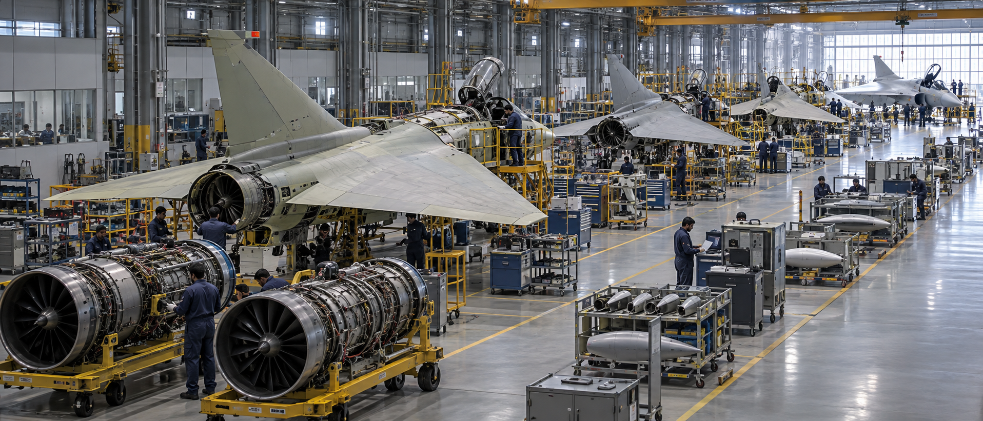 A fighter production line with engines, partially assembled delta-wing aircraft, and a nearly finished jet at successive workstations.