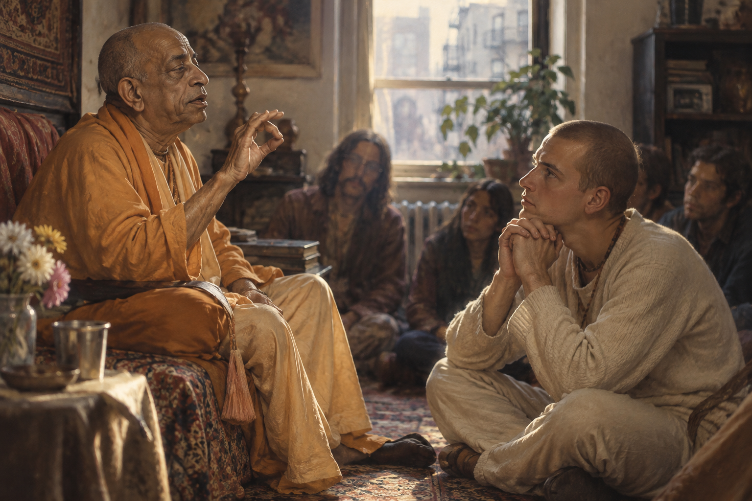 A Vaishnava teacher gestures while speaking as a young disciple listens closely in a modest New York gathering room.