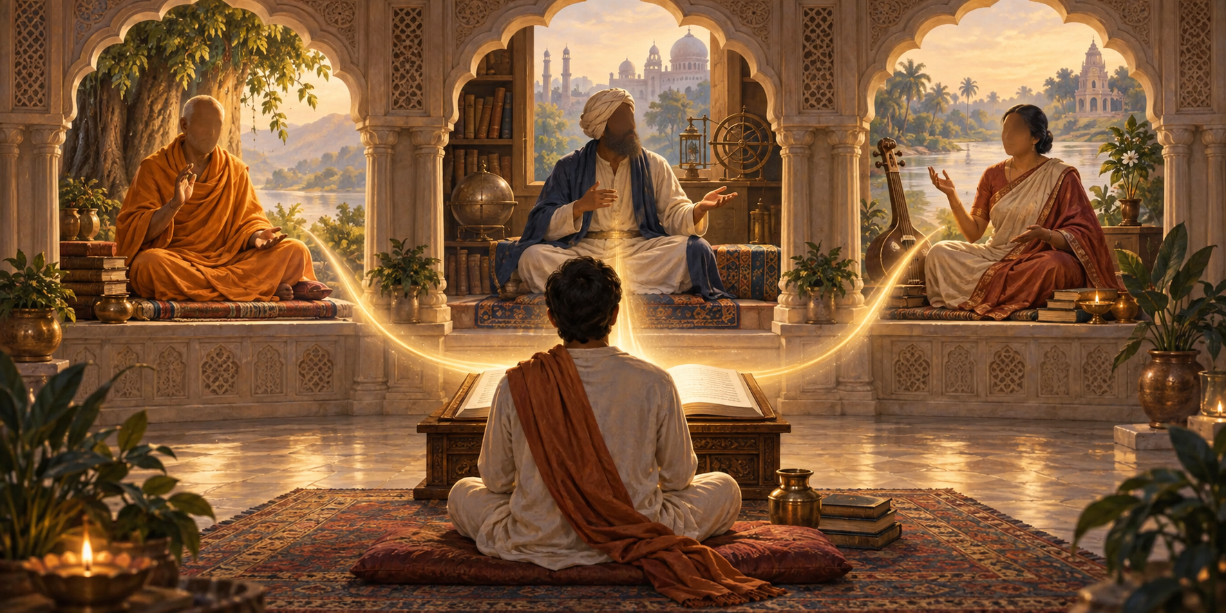 One listener studies an open scripture while three different teachers speak from separate, equally balanced alcoves in the background.