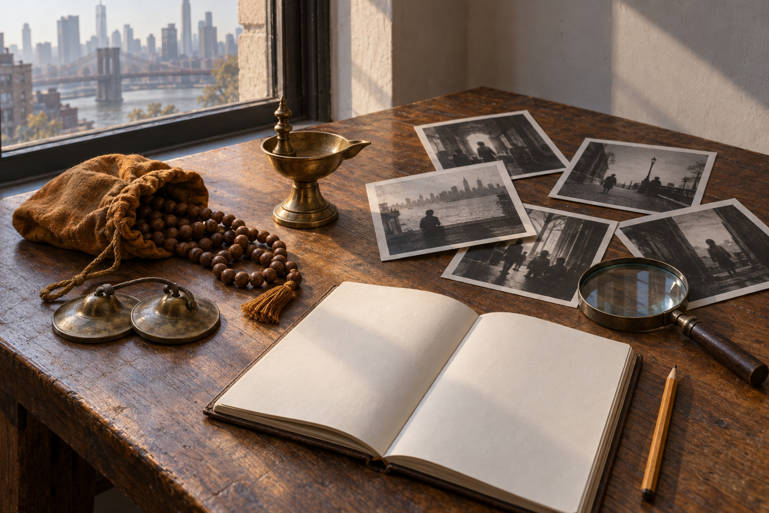 Prayer beads, hand cymbals, blank archival photographs, a magnifying glass and an open notebook share a wooden table in morning light.