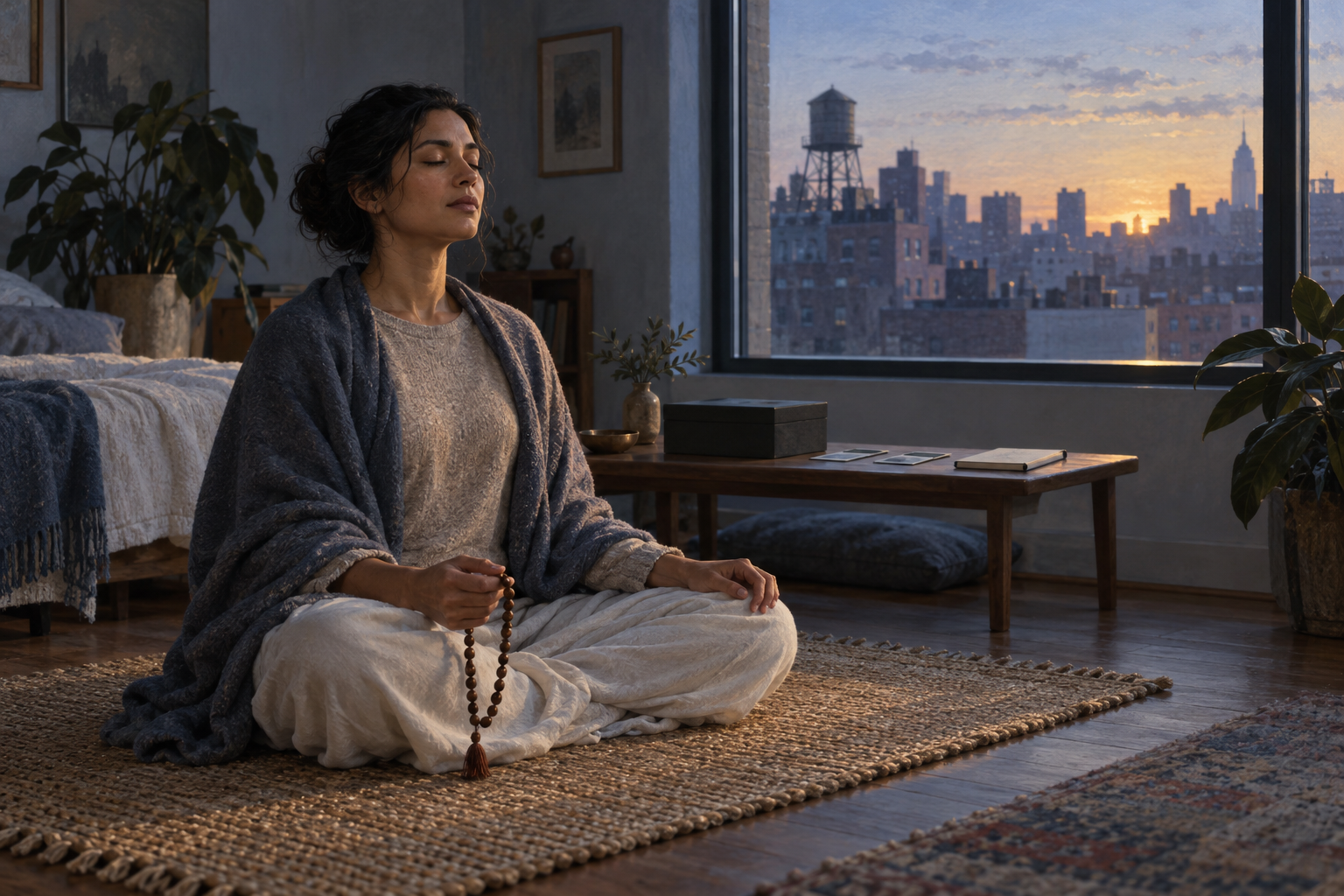 A devotee chants with wooden prayer beads at dawn beside a New York apartment window, with archival materials resting on a nearby table.